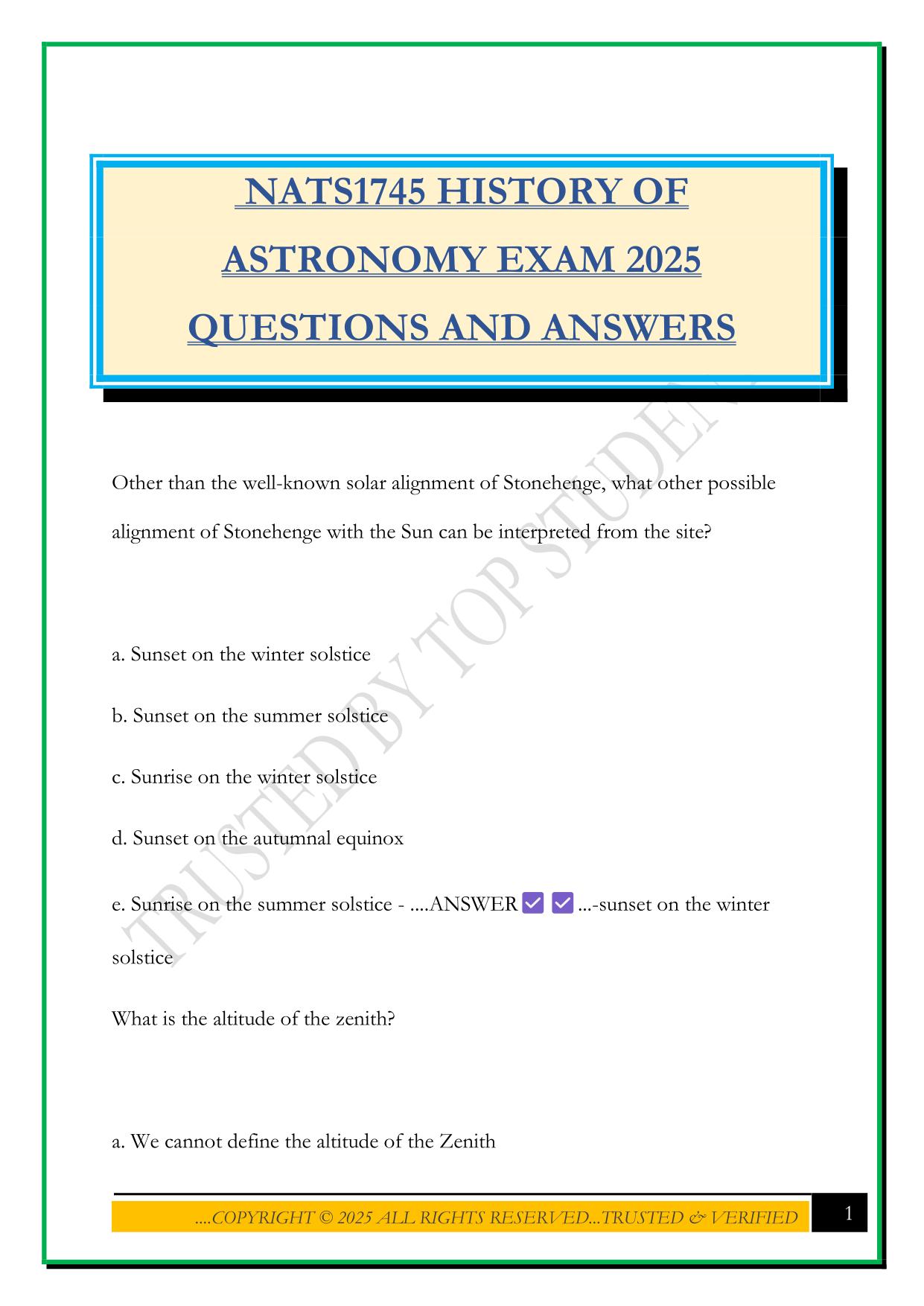NATS1745 HISTORY OF ASTRONOMY EXAM 2025 QUESTIONS AND ANSWERS