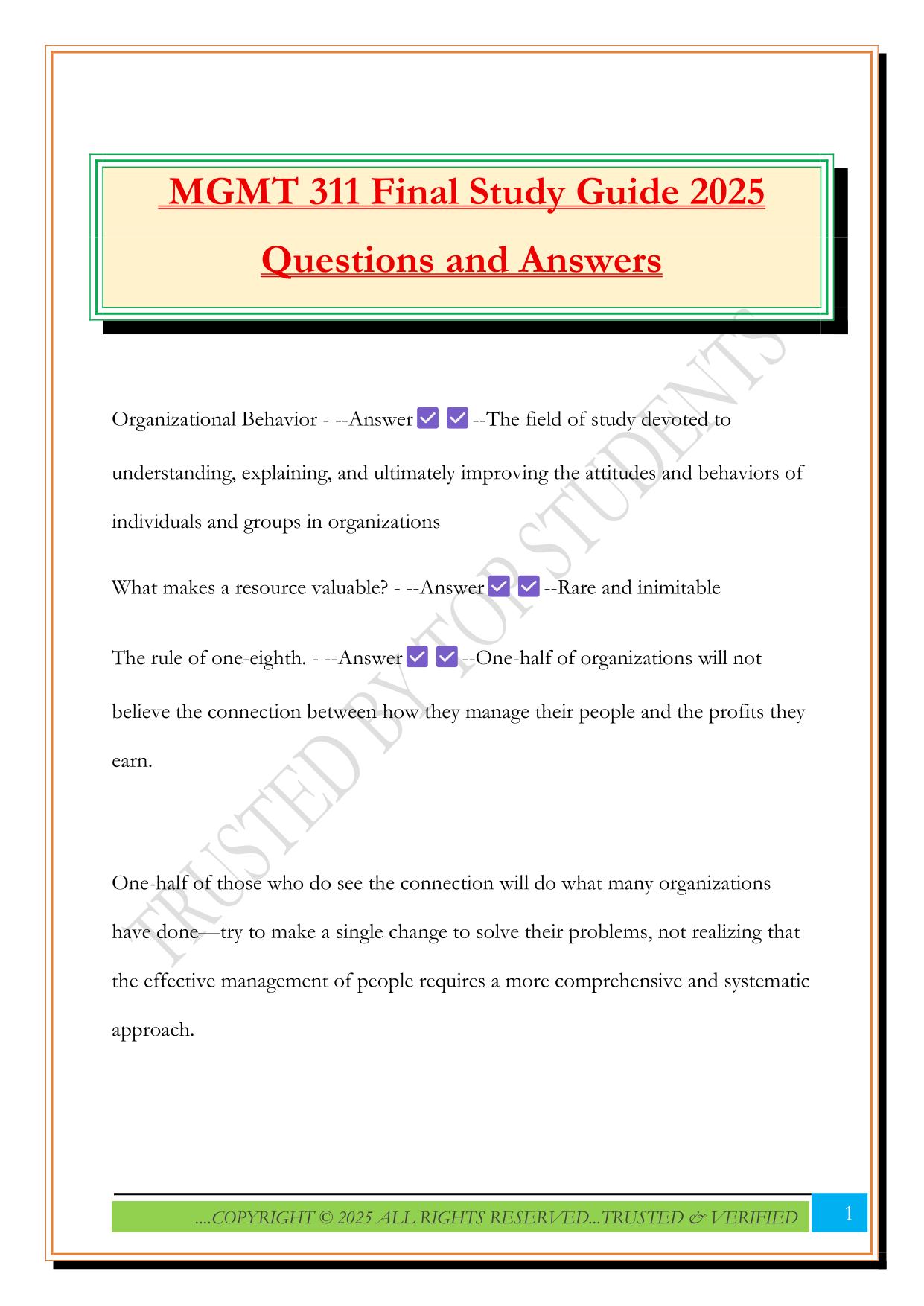 MGMT 311 Final Study Guide 2025 Questions and Answers