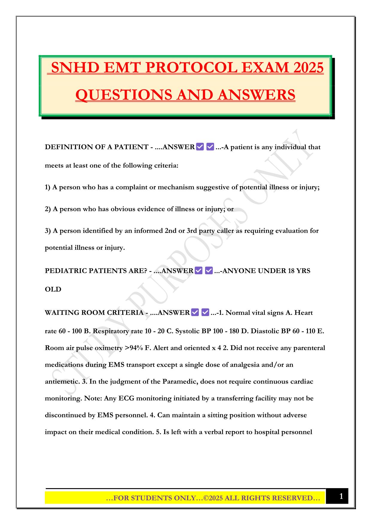 SNHD EMT PROTOCOL EXAM 2025 QUESTIONS AND ANSWERS