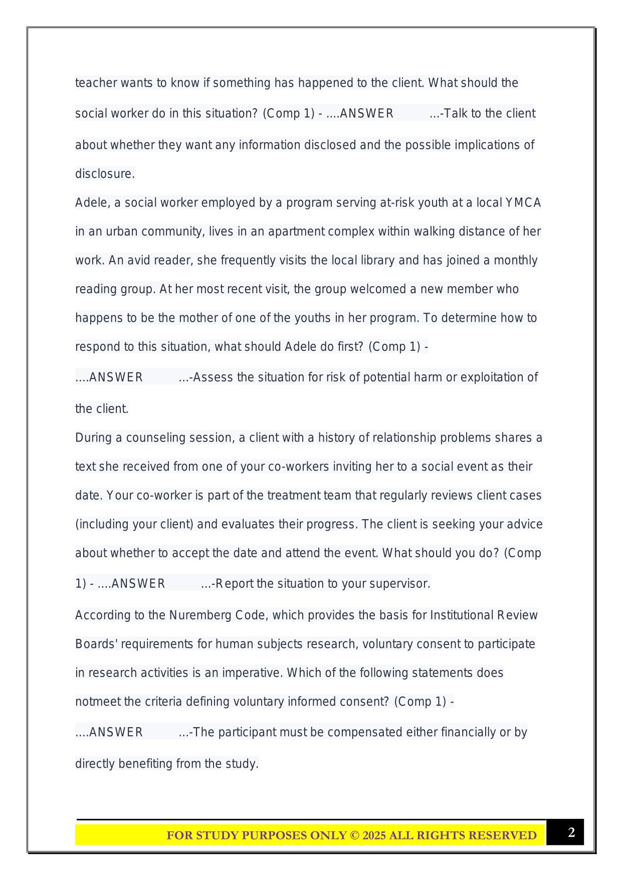 MSW Comprehensive Exam 2025 Questions and Answers