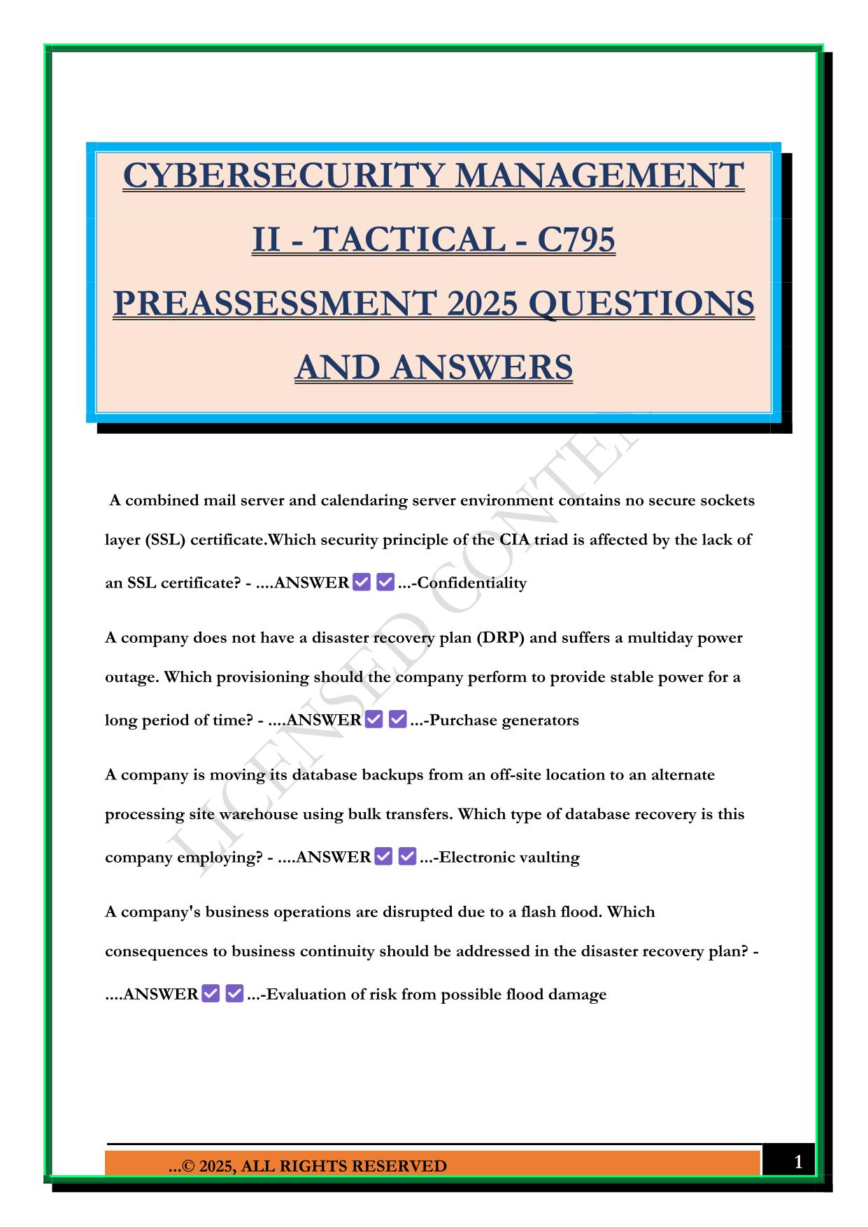 CYBERSECURITY MANAGEMENT II - TACTICAL - C795 PREASSESSMENT 2025 QUESTIONS AND ANSWERS