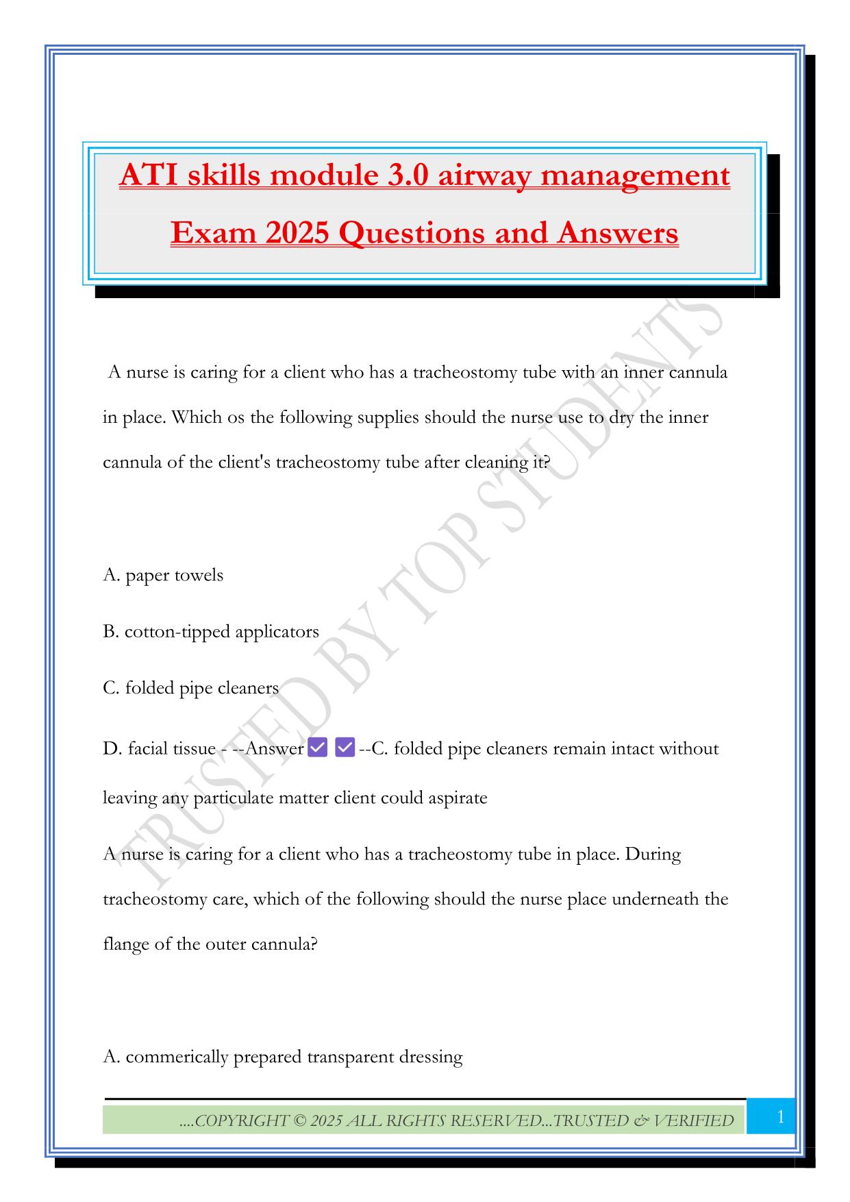 ATI skills module 3.0 airway management Exam 2025 Questions and Answers
