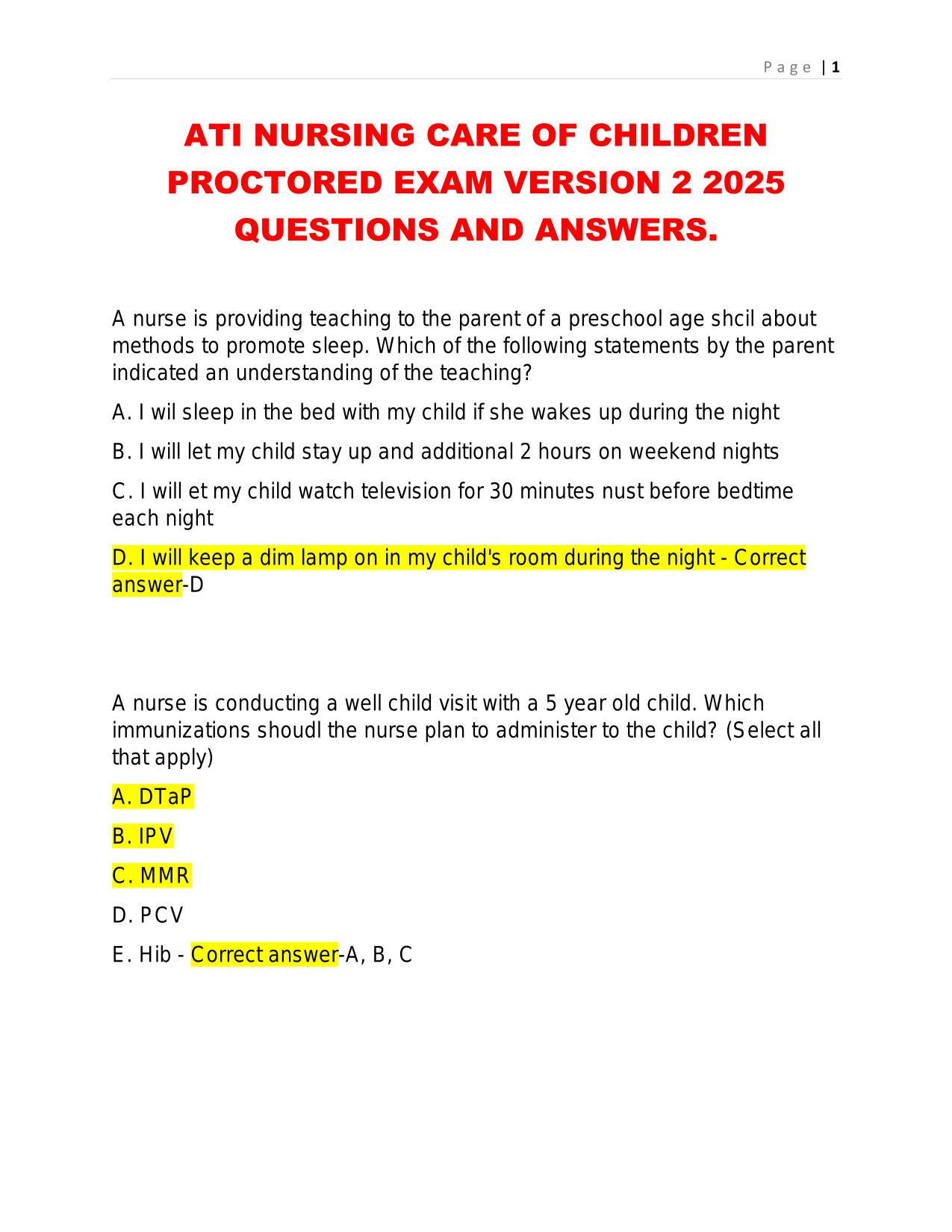 ATI NURSING CARE OF CHILDREN PROCTORED EXAM VERSION 2 2025 QUESTIONS AND ANSWERS.