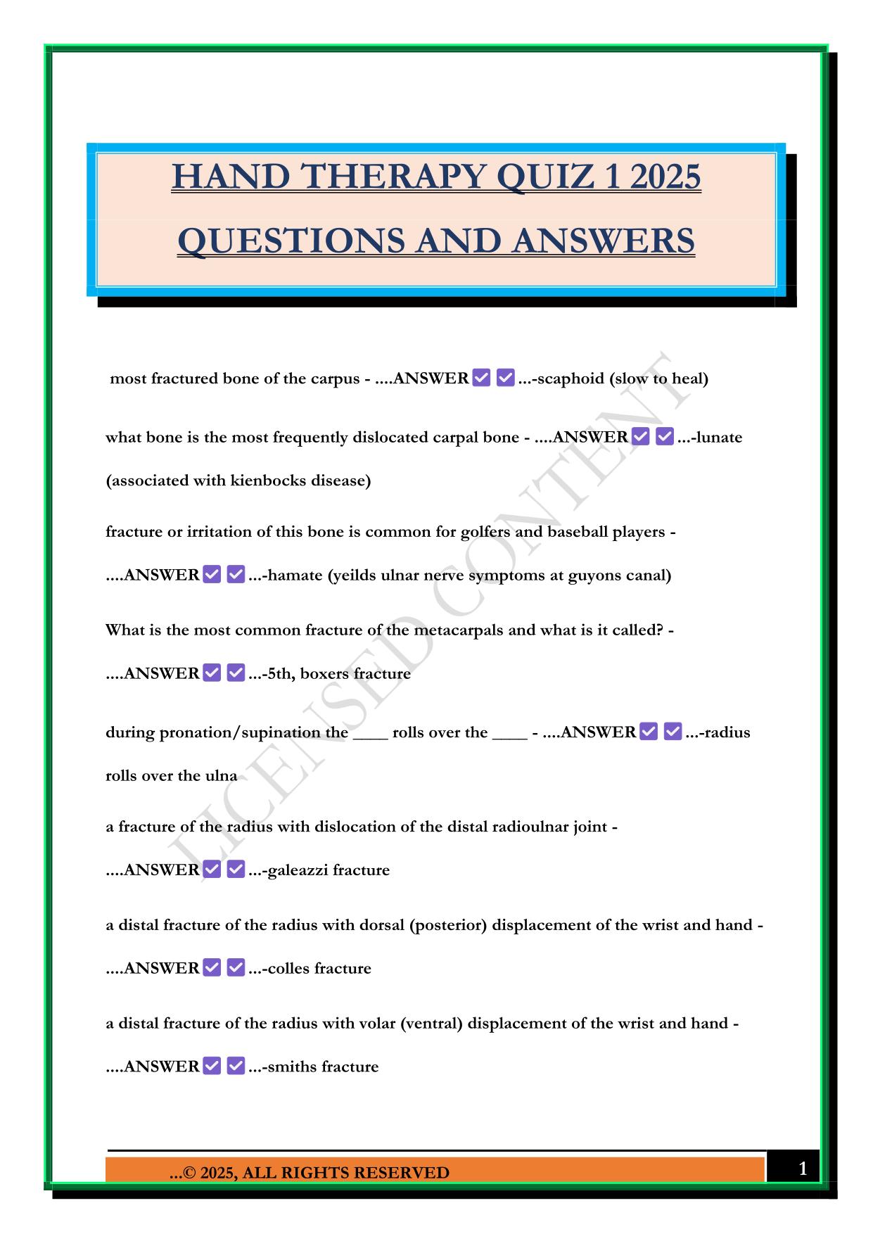 HAND THERAPY QUIZ 1 2025 QUESTIONS AND ANSWERS