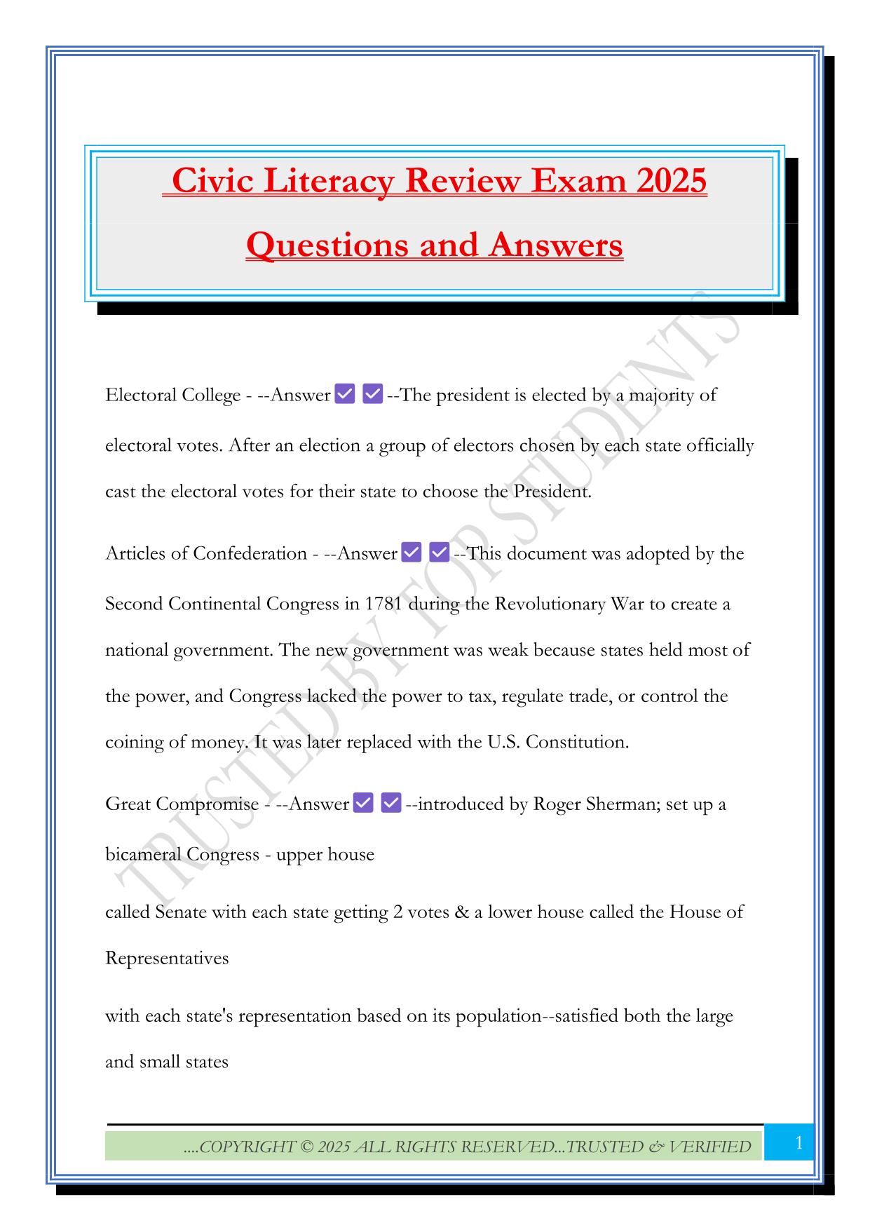 Civic Literacy Review Exam 2025 Questions and Answers