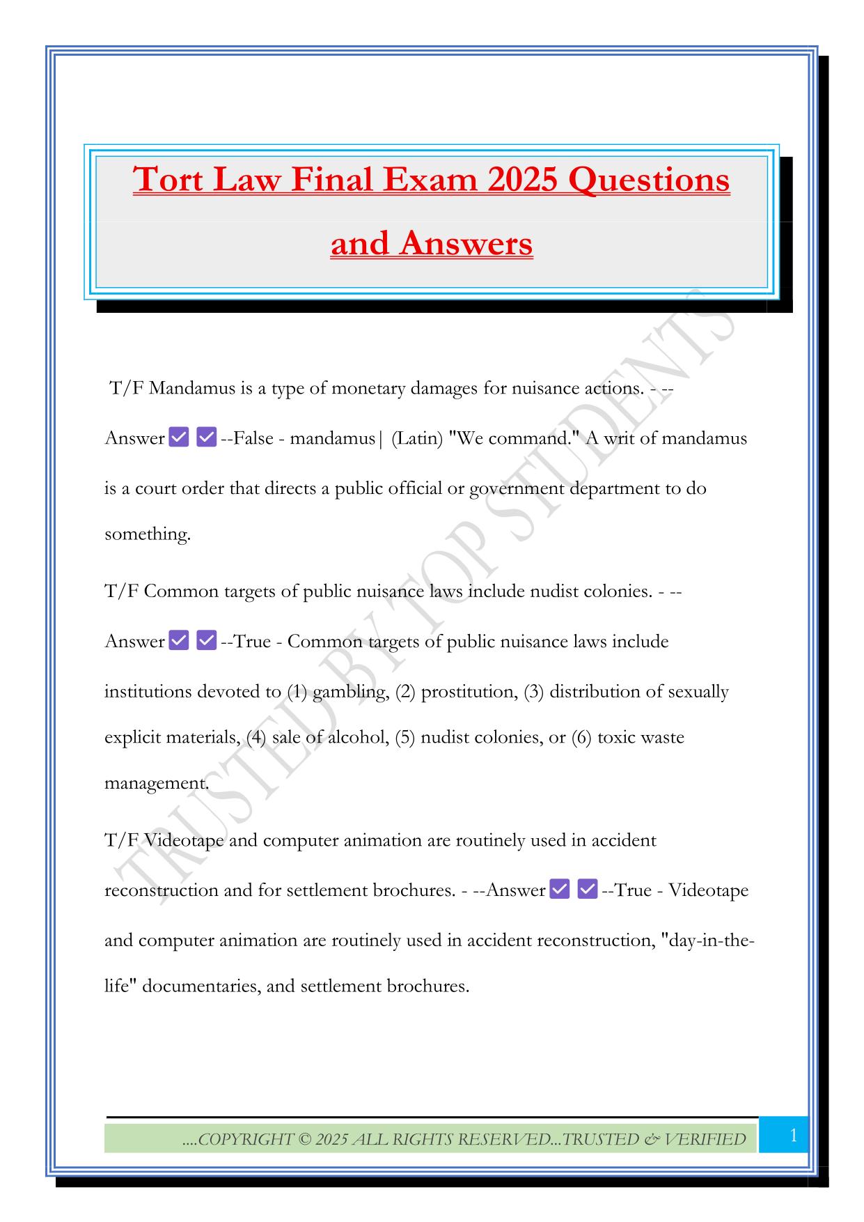Tort Law Final Exam 2025 Questions and Answers