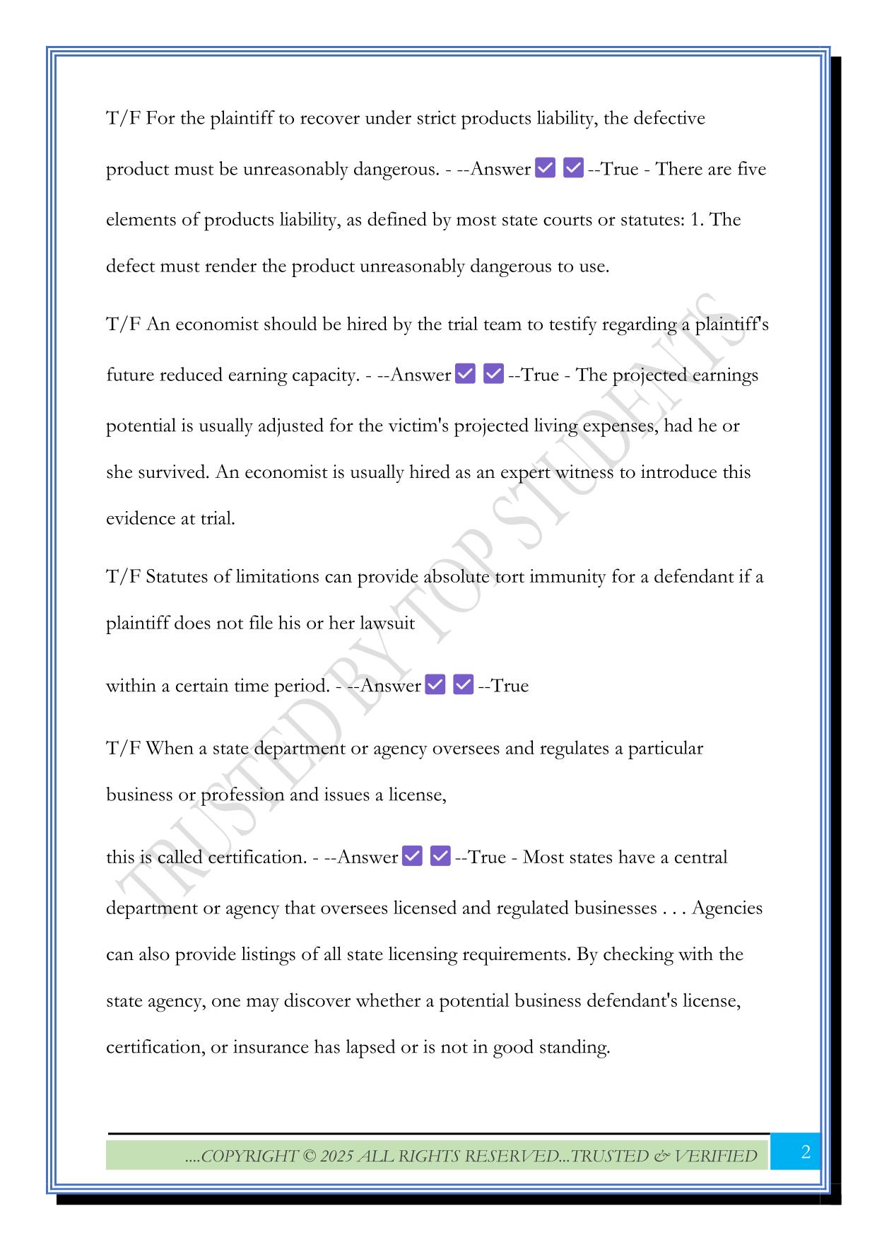 Tort Law Final Exam 2025 Questions and Answers