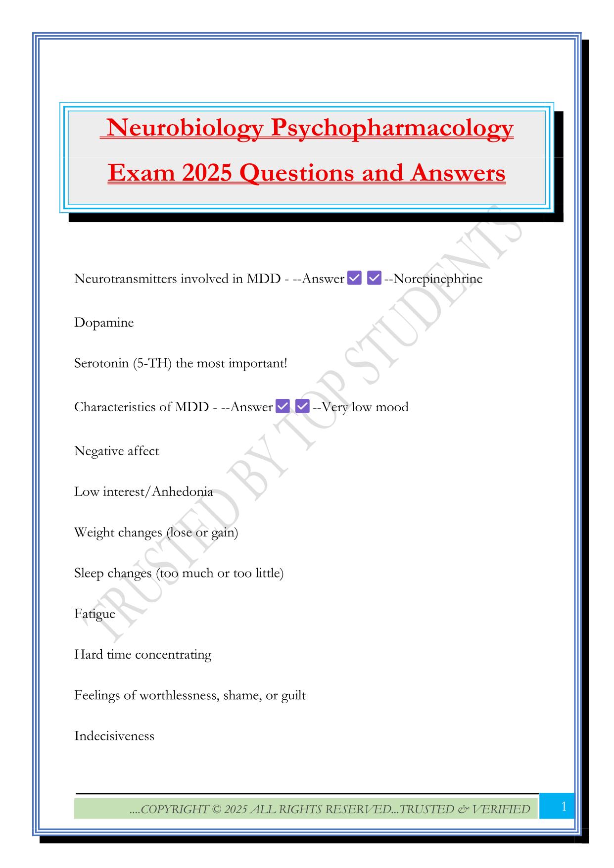 Neurobiology Psychopharmacology Exam 2025 Questions and Answers
