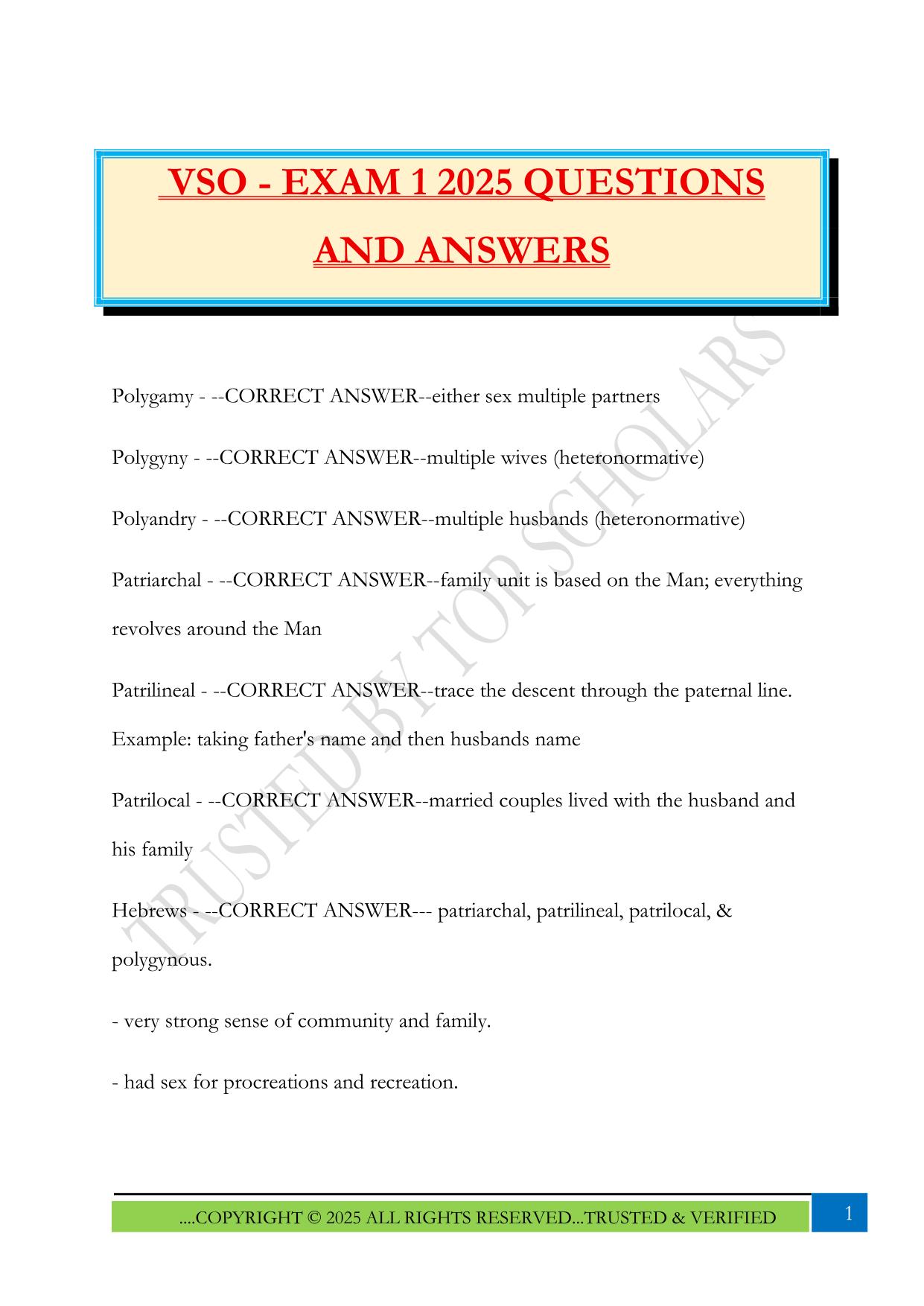 VSO - EXAM 1 2025 QUESTIONS AND ANSWERS