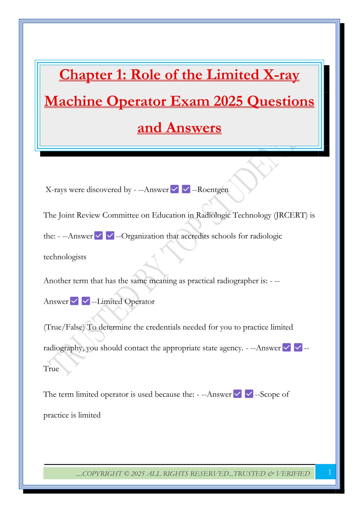 Chapter 1: Role of the Limited X-ray Machine Operator Exam 2025 Questions and Answers