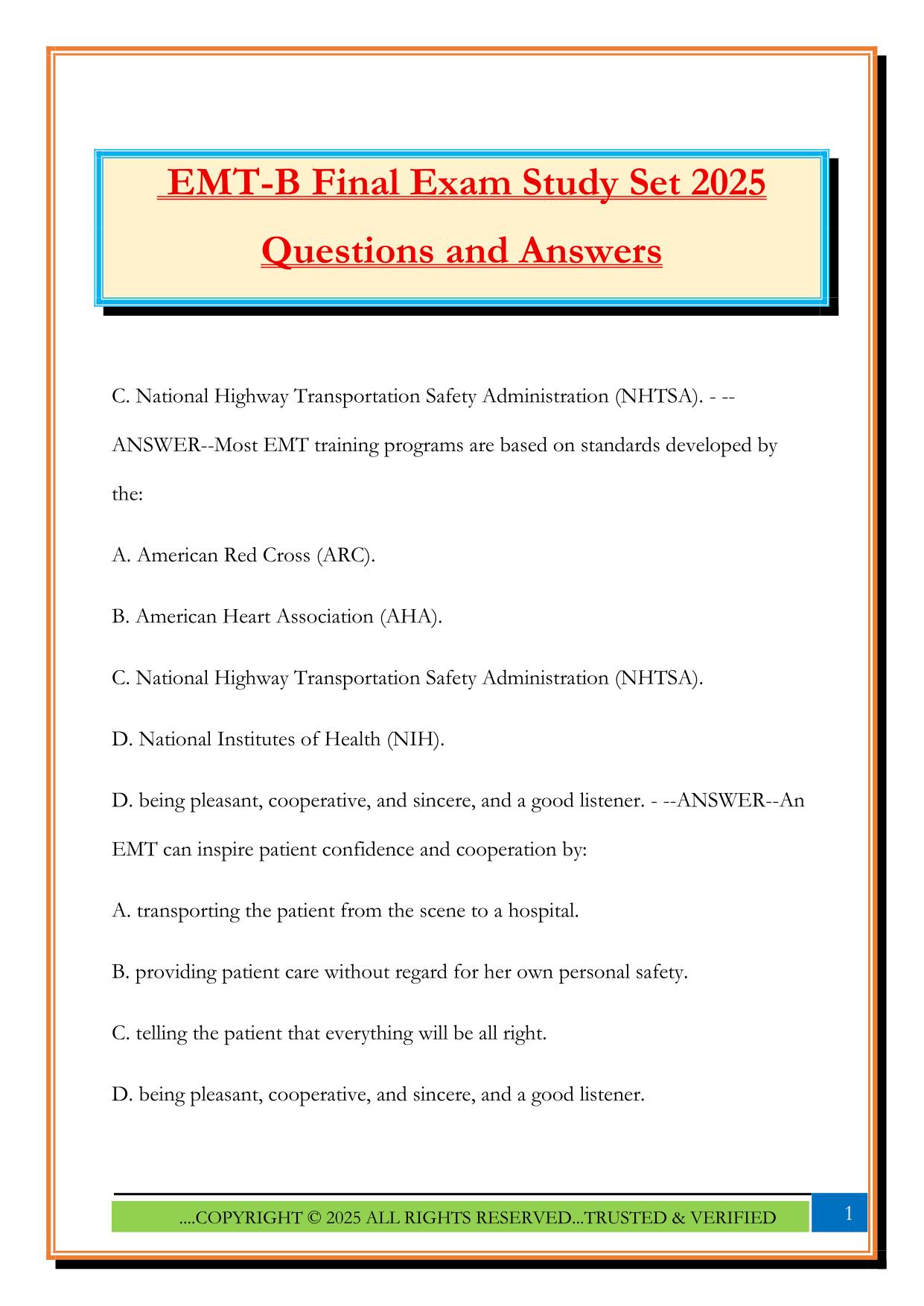 EMT-B Final Exam Study Set 2025 Questions and Answers