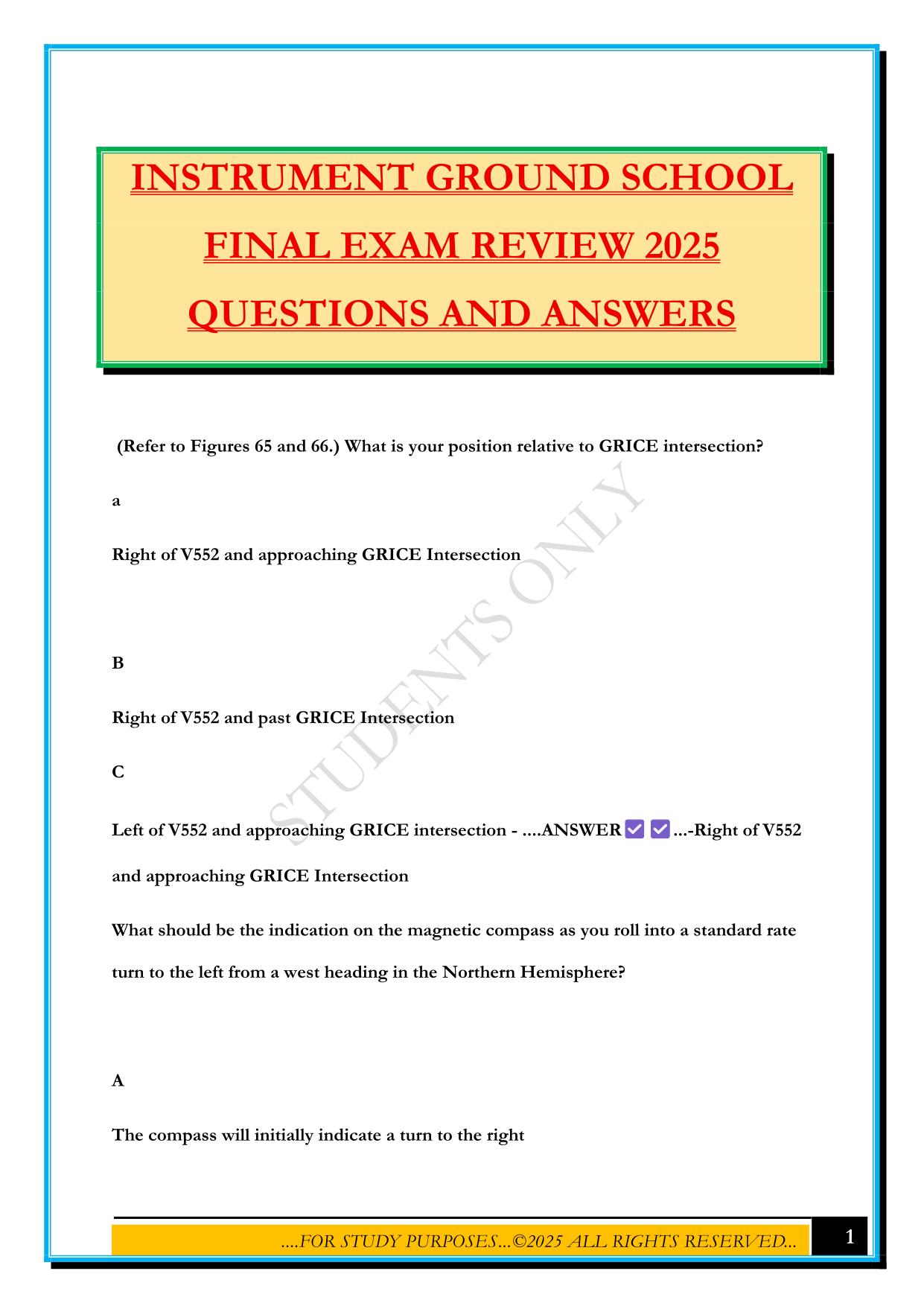 INSTRUMENT GROUND SCHOOL FINAL EXAM REVIEW 2025 QUESTIONS AND ANSWERS