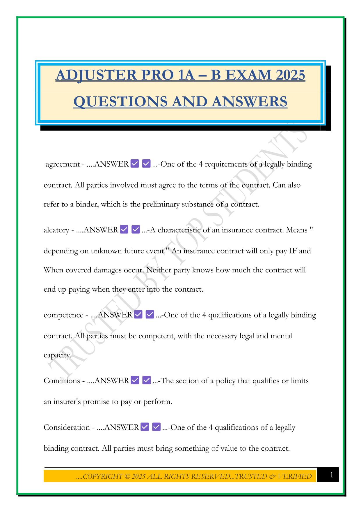 ADJUSTER PRO 1A – B EXAM 2025 QUESTIONS AND ANSWERS