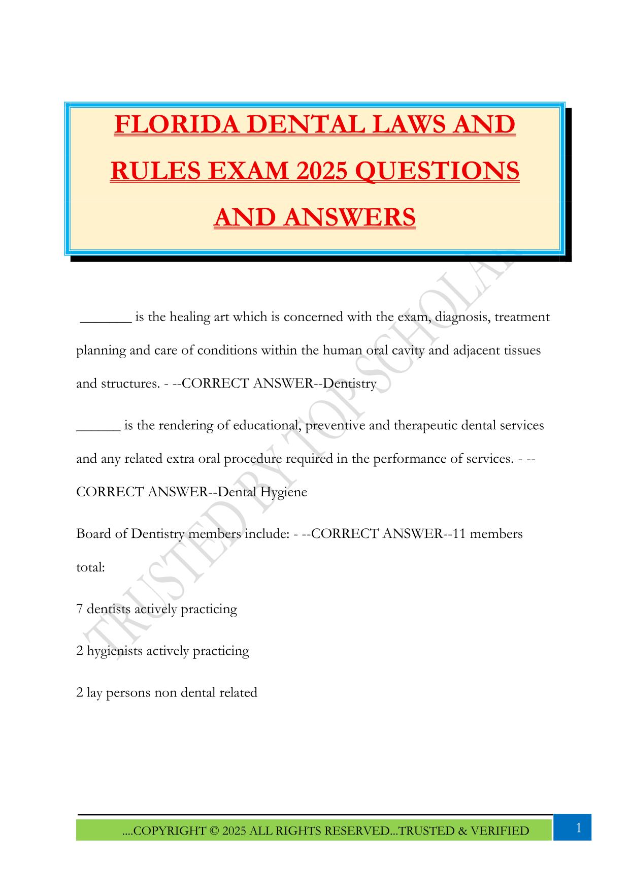 FLORIDA DENTAL LAWS AND RULES EXAM 2025 QUESTIONS AND ANSWERS