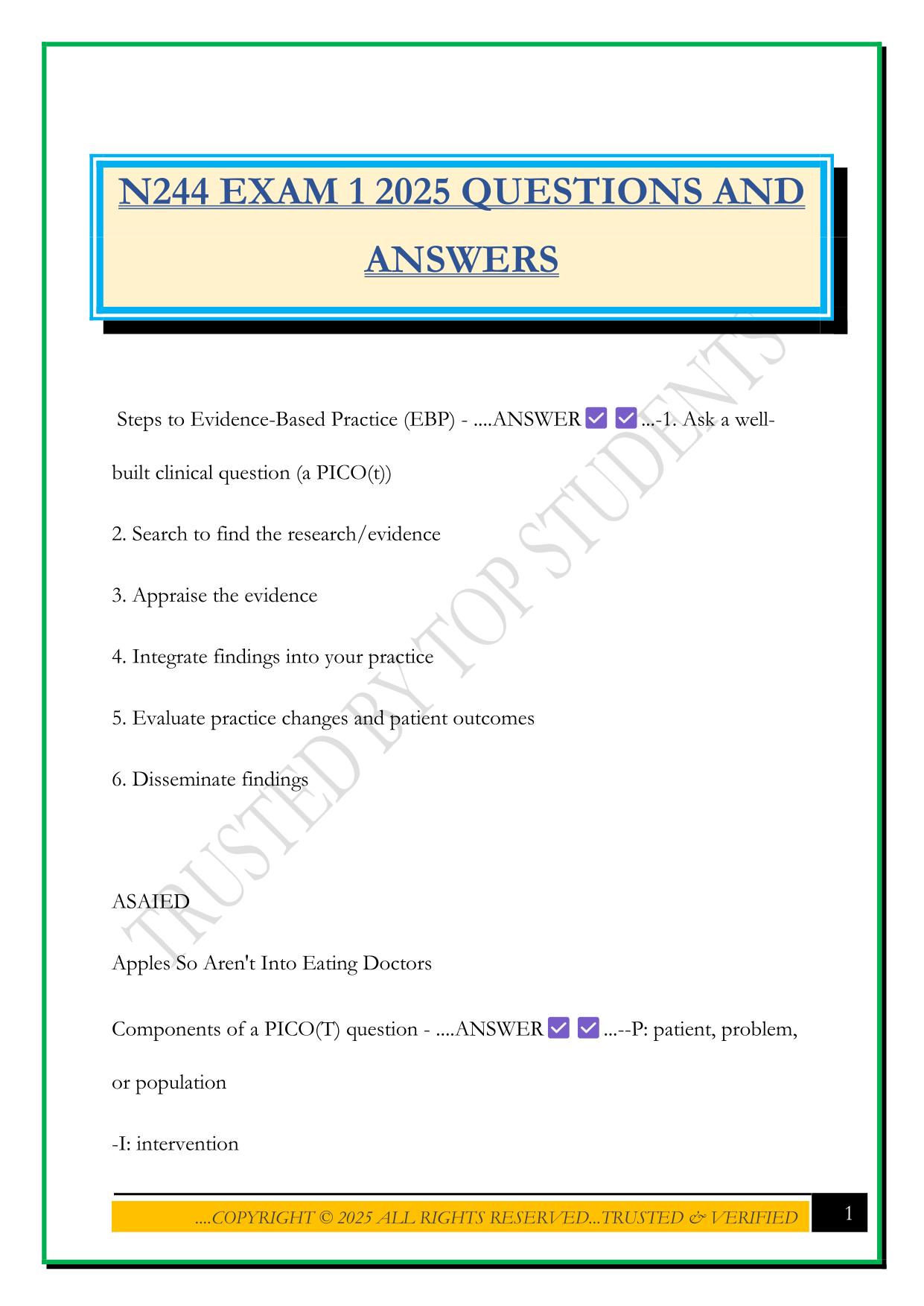 N244 EXAM 1 2025 QUESTIONS AND ANSWERS