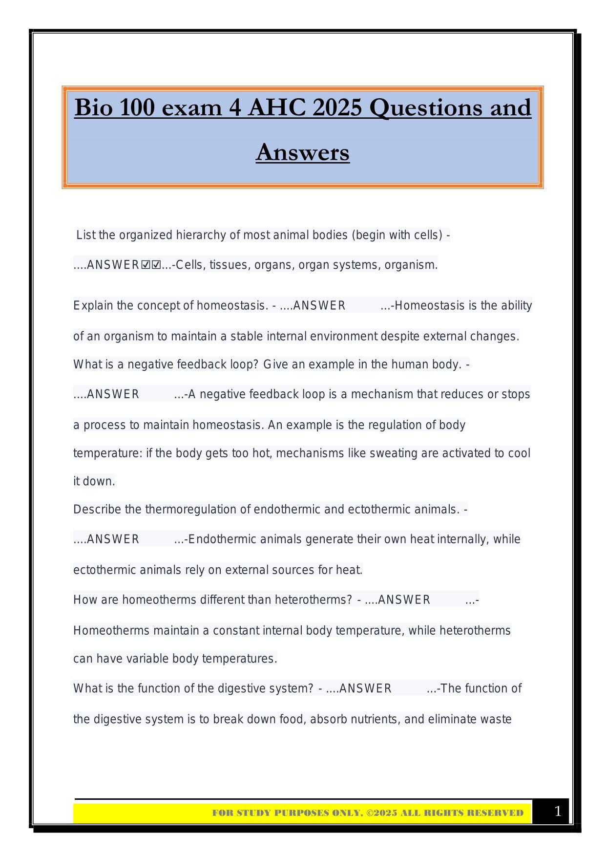 Bio 100 exam 4 AHC 2025 Questions and Answers