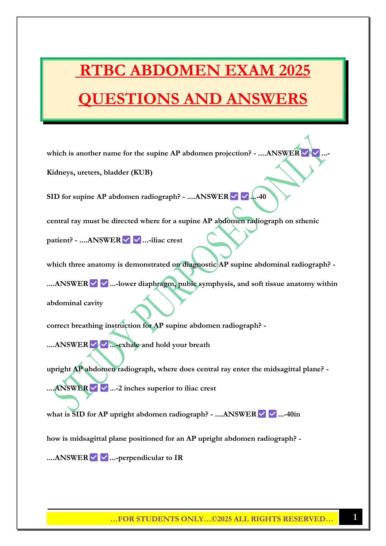 RTBC ABDOMEN EXAM 2025 QUESTIONS AND ANSWERS