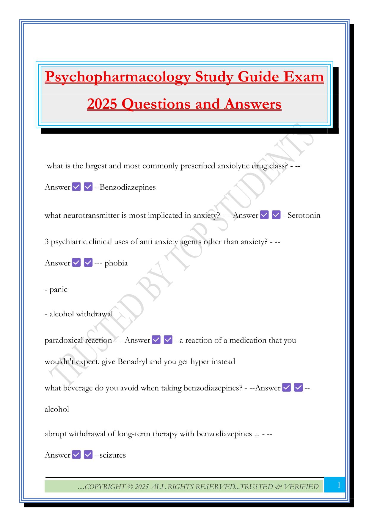 Psychopharmacology Study Guide Exam 2025 Questions and Answers