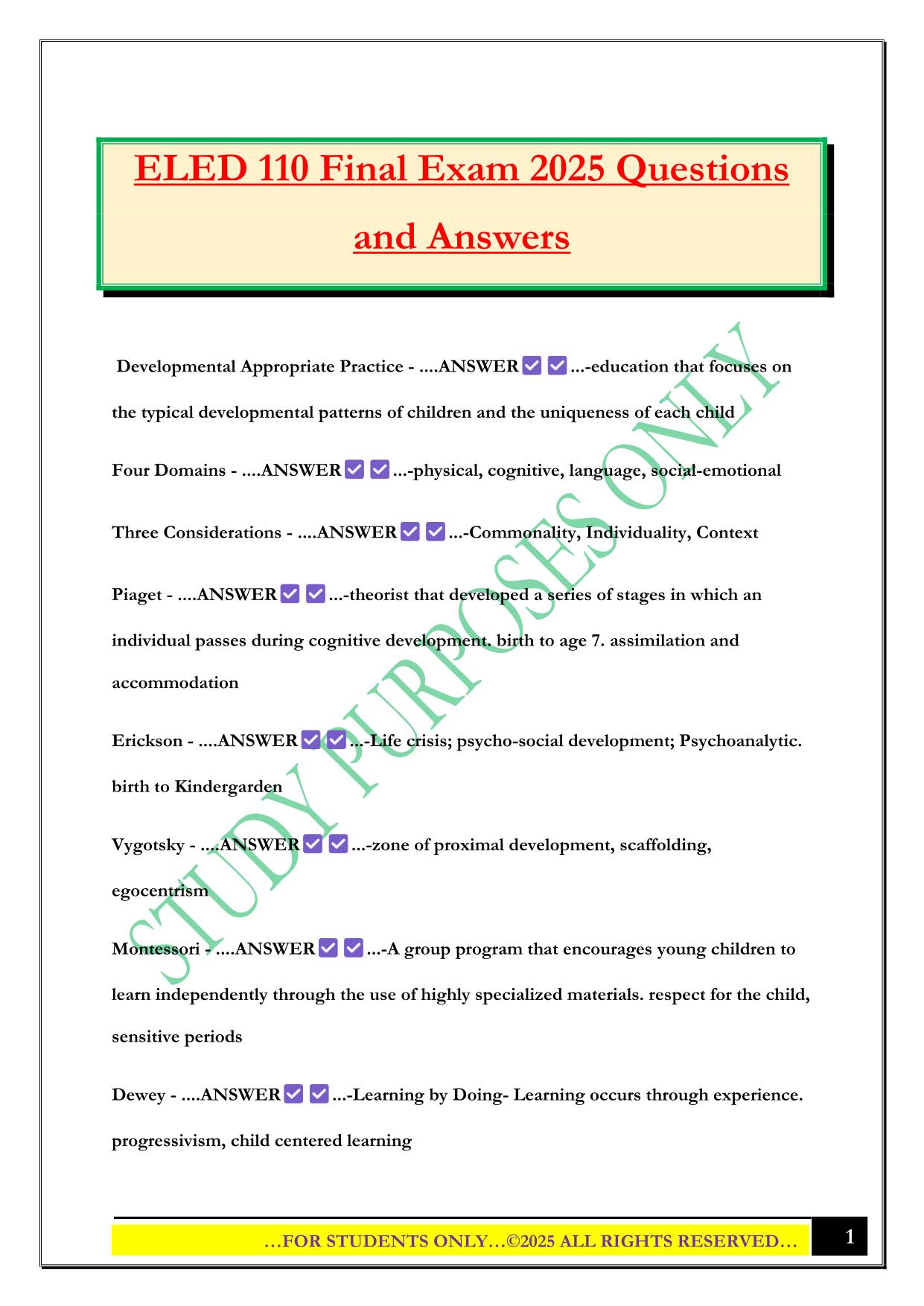 ELED 110 Final Exam 2025 Questions and Answers
