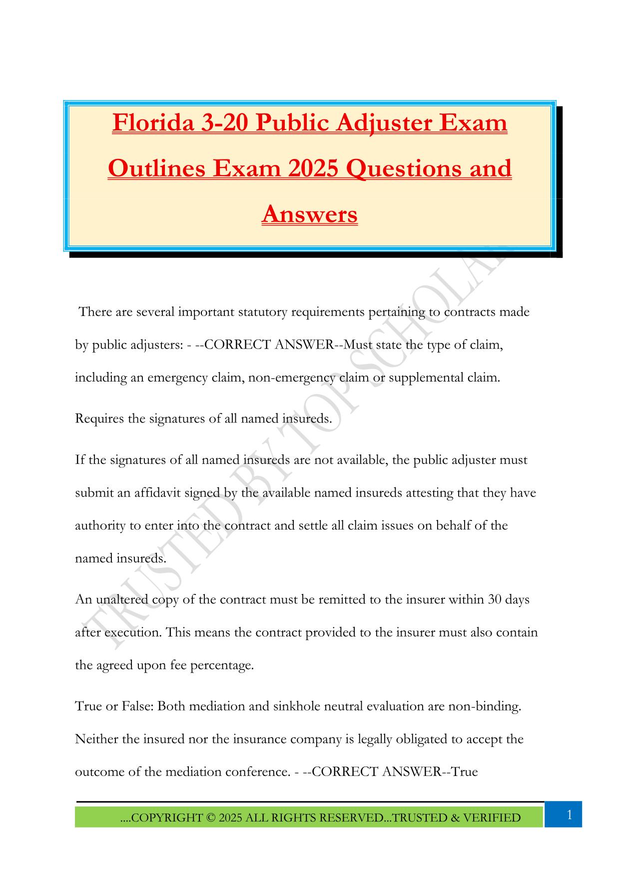 Florida 3-20 Public Adjuster Exam Outlines Exam 2025 Questions and Answers