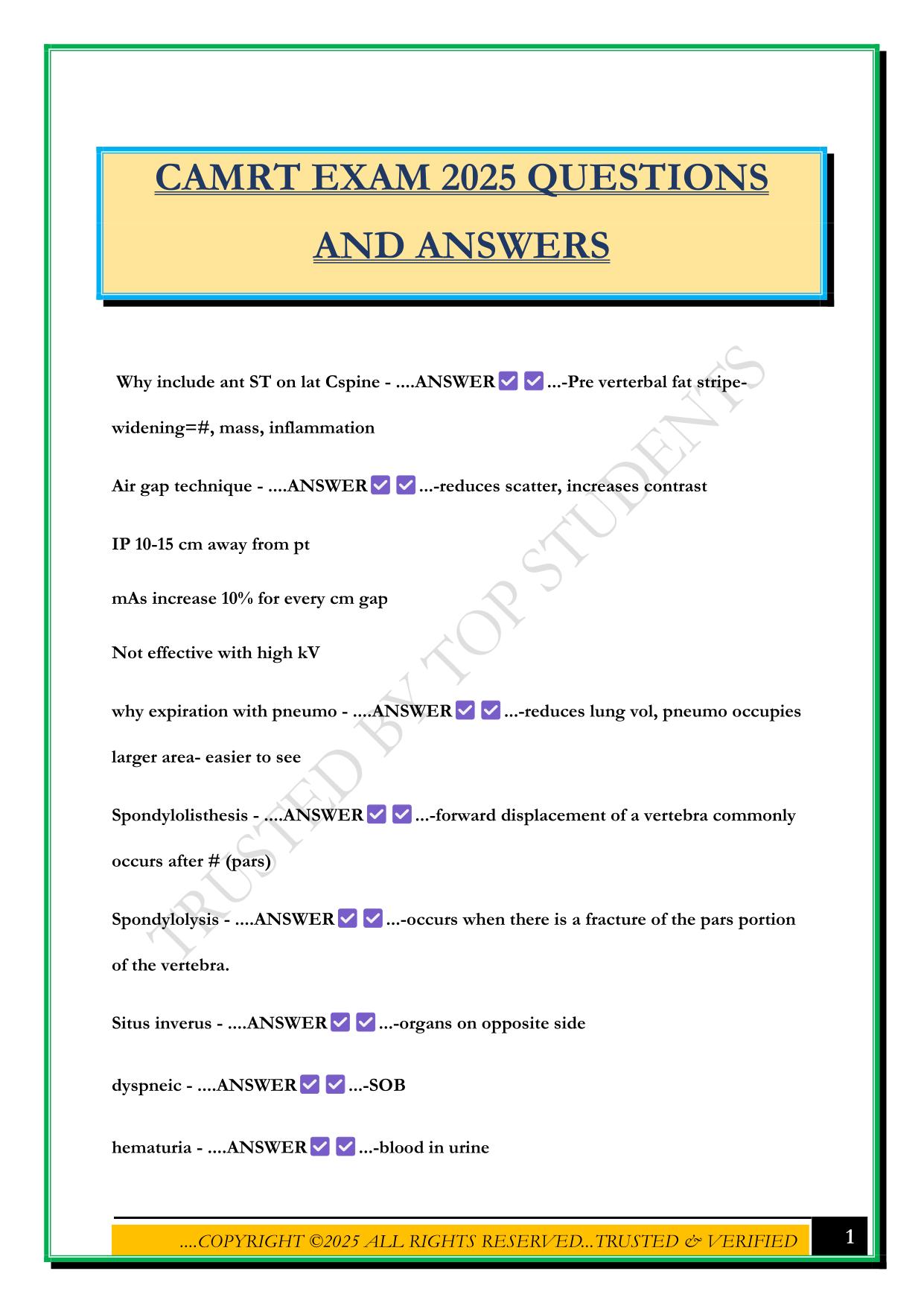 CAMRT EXAM 2025 QUESTIONS AND ANSWERS