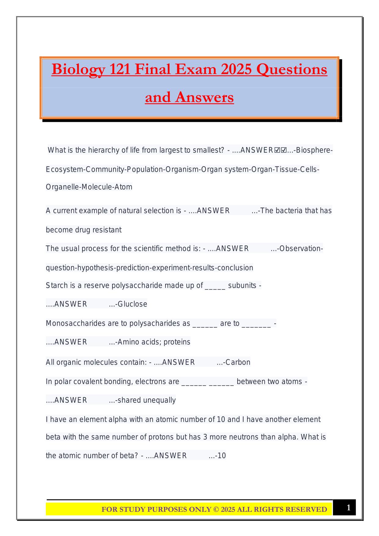 Biology 121 Final Exam 2025 Questions and Answers