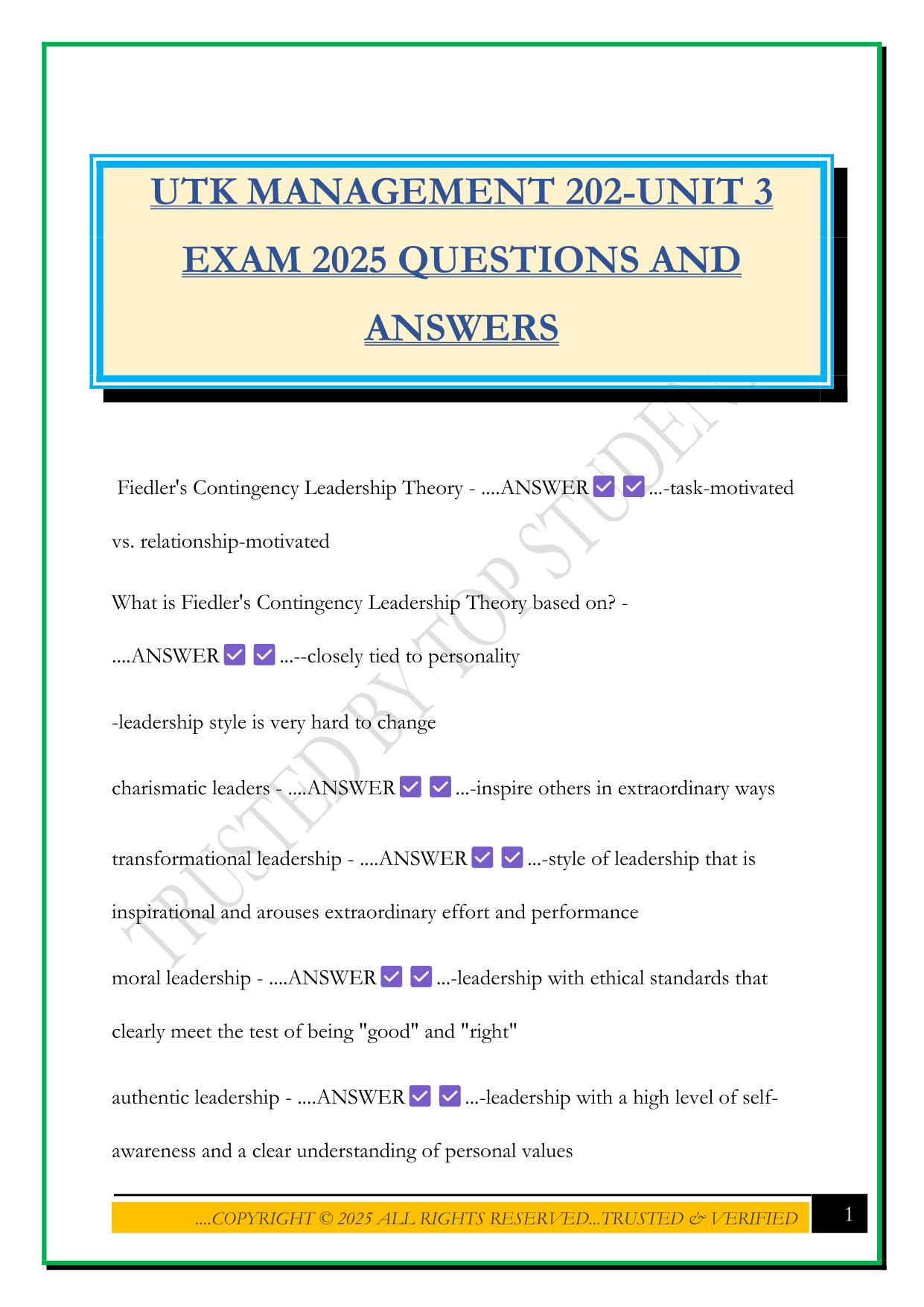 UTK MANAGEMENT 202-UNIT 3 EXAM 2025 QUESTIONS AND ANSWERS