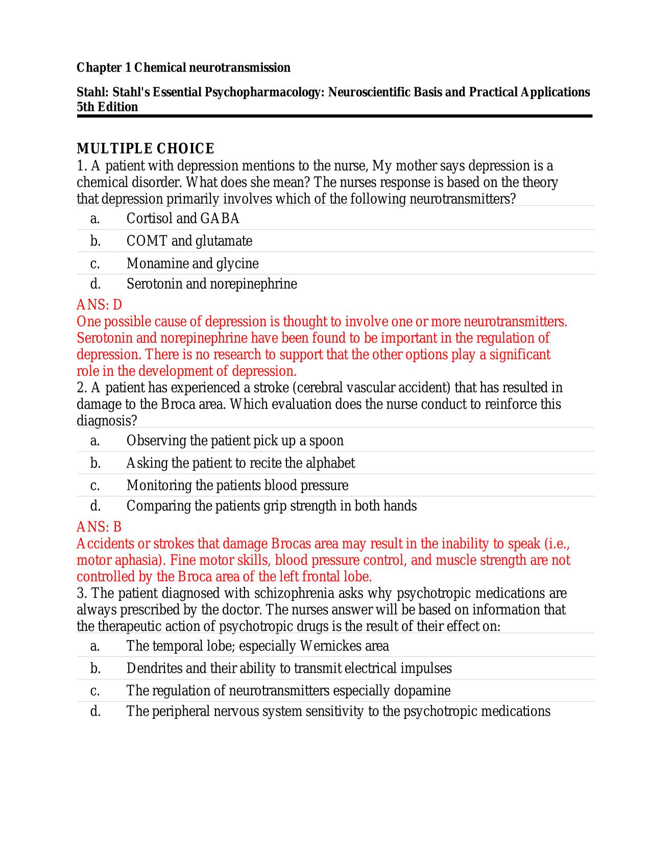 Testbank for Stahl's Essentials Psychopharmacology Exam MCQ WITH Correct Answers |100% Pass 