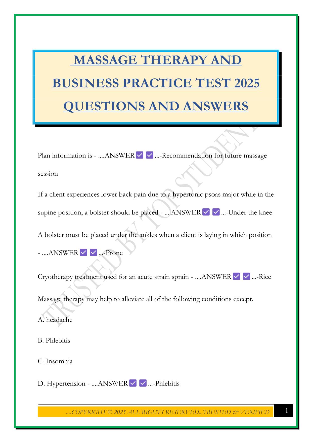 MASSAGE THERAPY AND BUSINESS PRACTICE TEST 2025 QUESTIONS AND ANSWERS