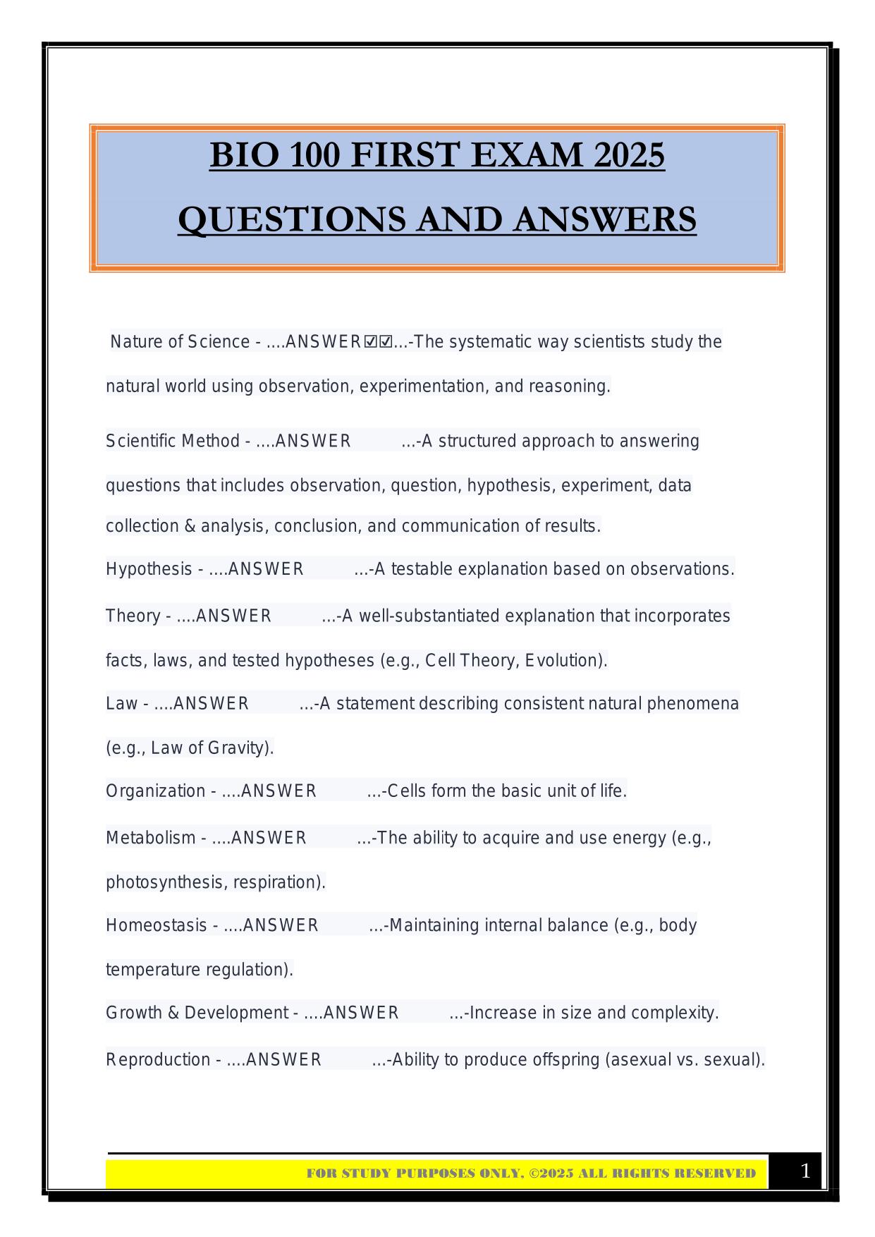 BIO 100 FIRST EXAM 2025 QUESTIONS AND ANSWERS