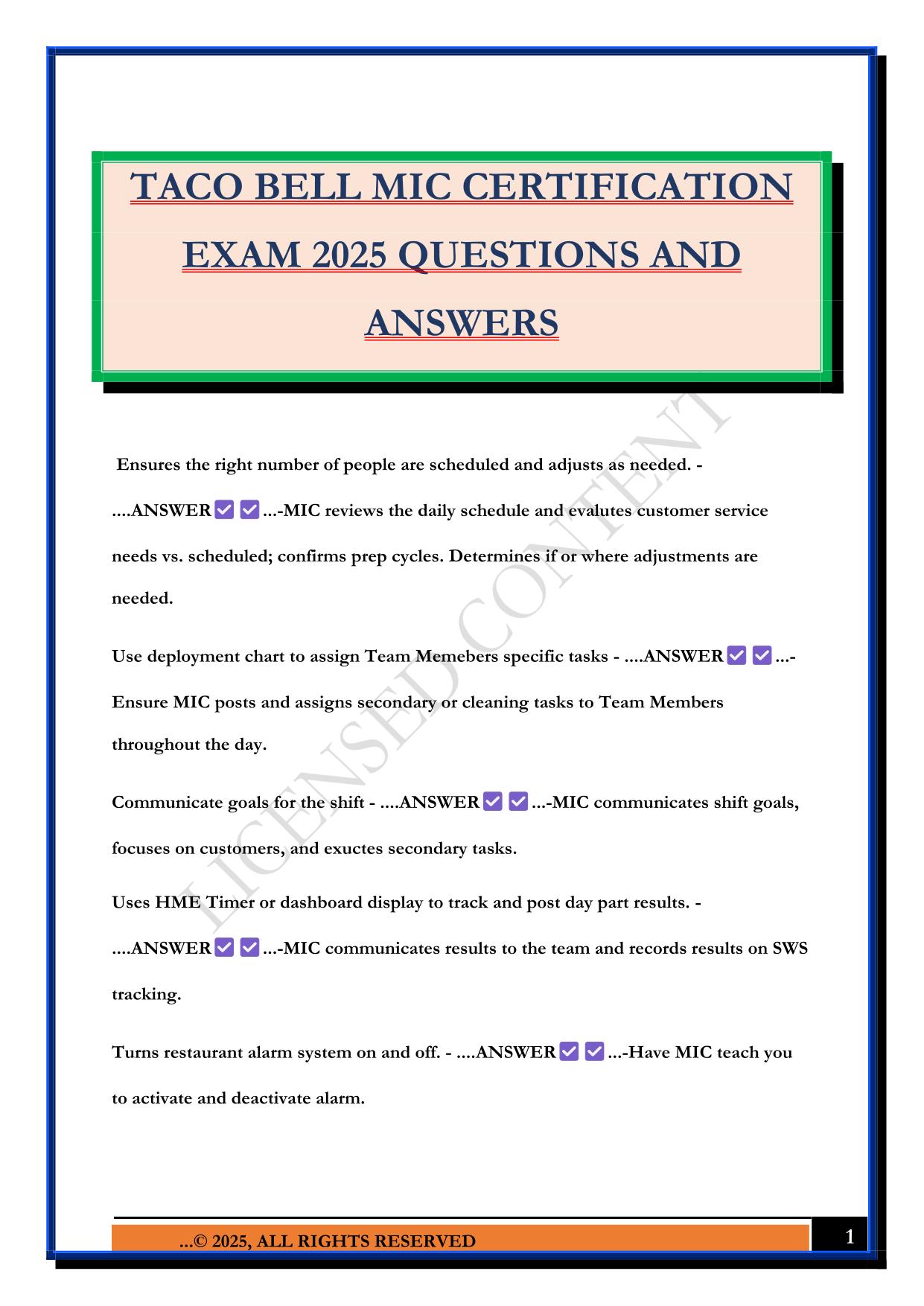 TACO BELL MIC CERTIFICATION EXAM 2025 QUESTIONS AND ANSWERS
