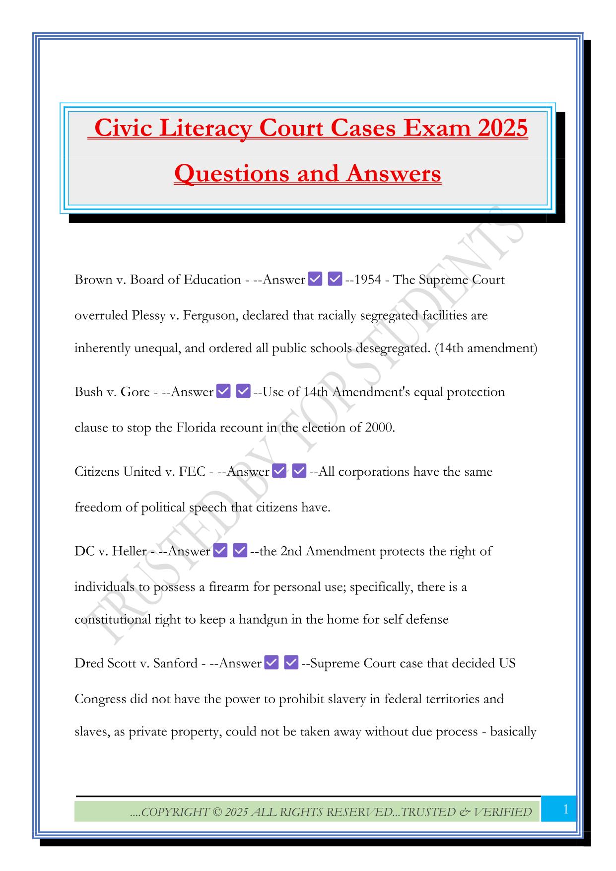 Civic Literacy Court Cases Exam 2025 Questions and Answers