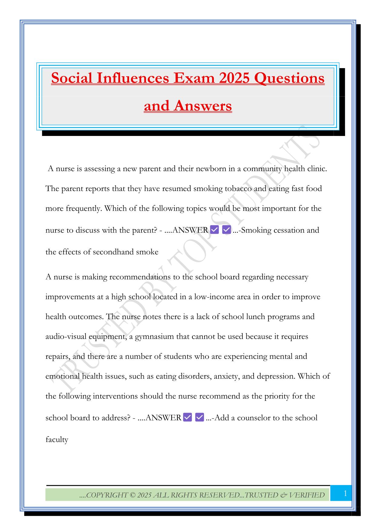 Social Influences Exam 2025 Questions and Answers
