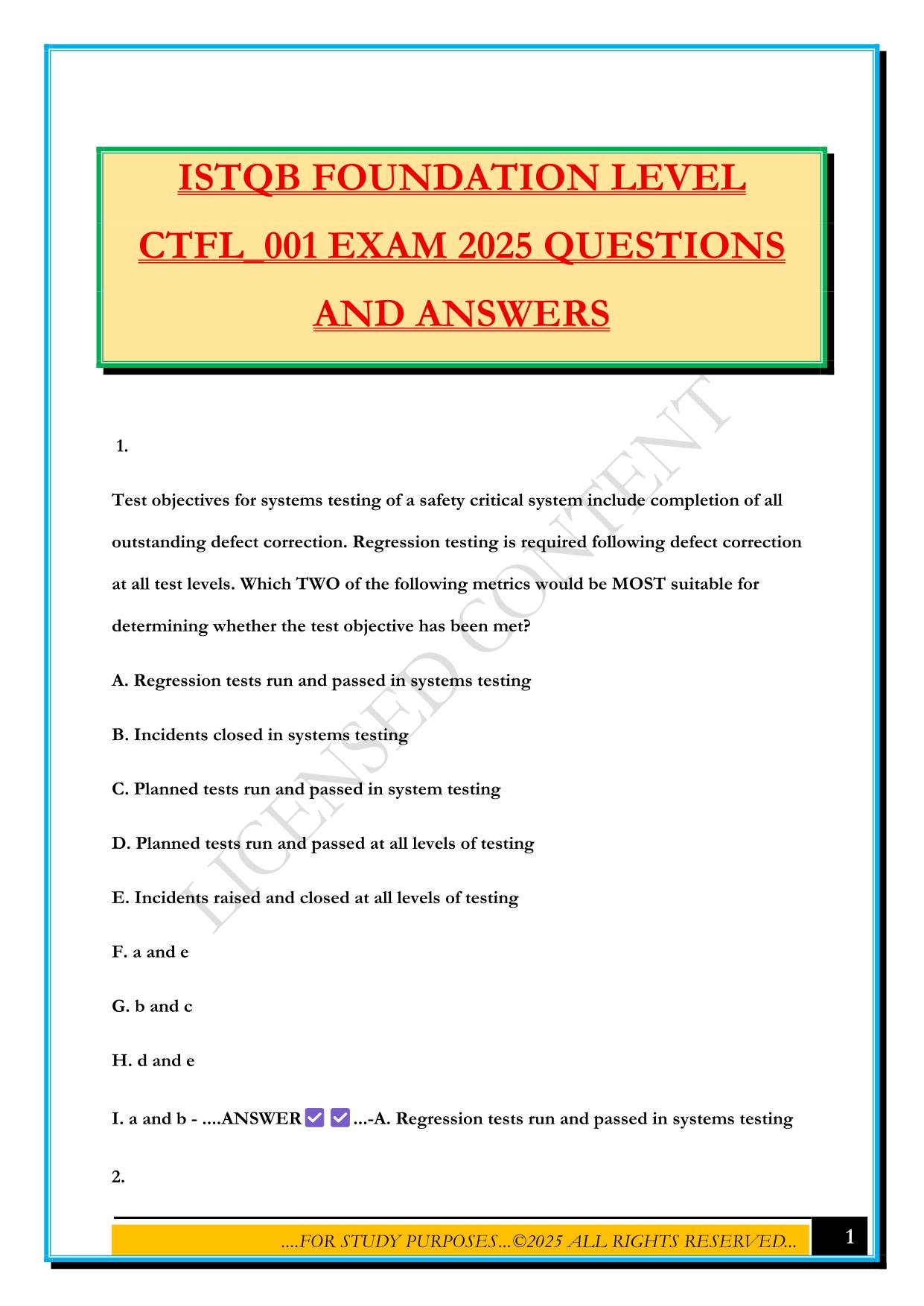 ISTQB FOUNDATION LEVEL CTFL_001 EXAM 2025 QUESTIONS AND ANSWERS