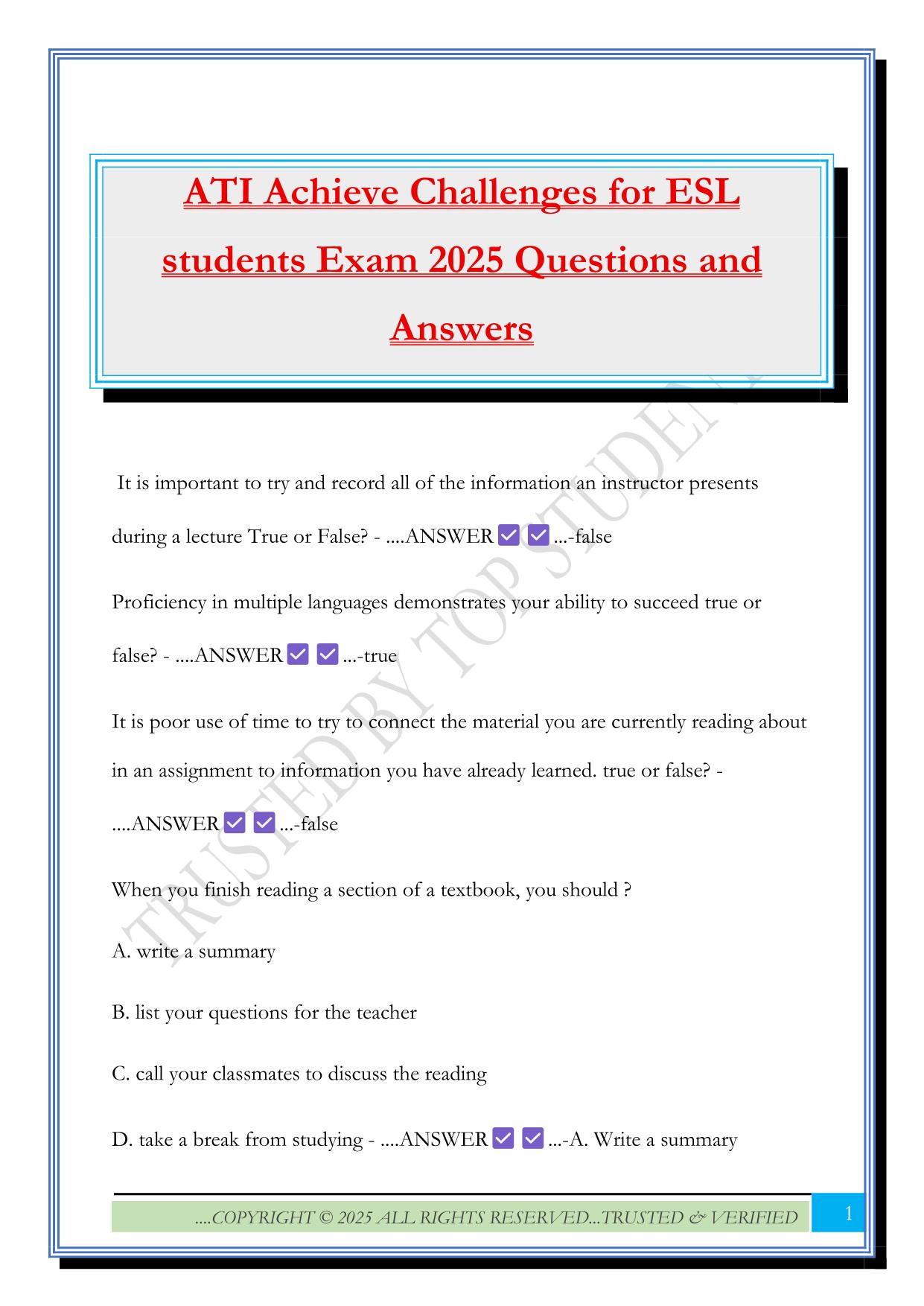 ATI Achieve Challenges for ESL students Exam 2025 Questions and Answers