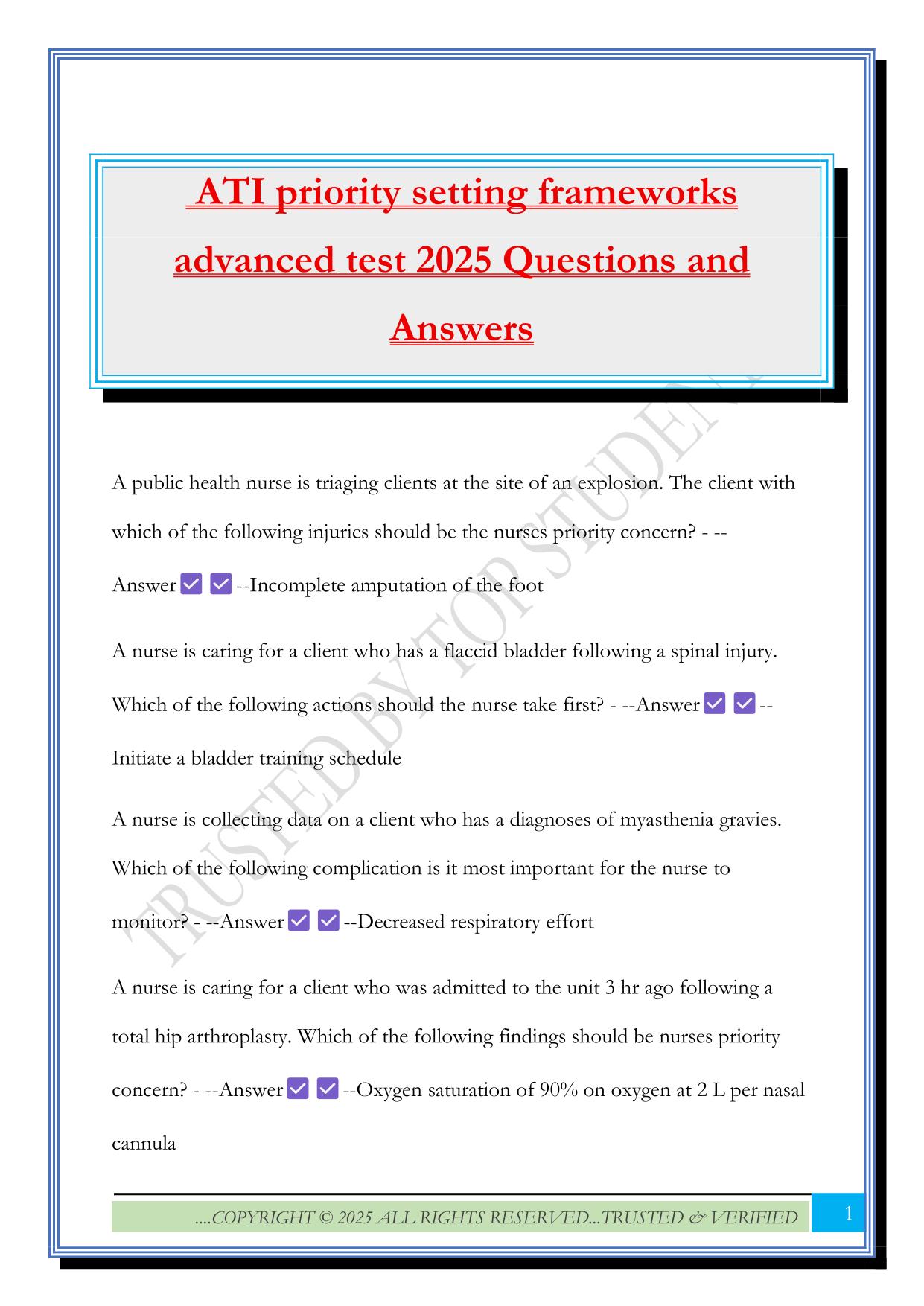 ATI priority setting frameworks advanced test 2025 Questions and Answers