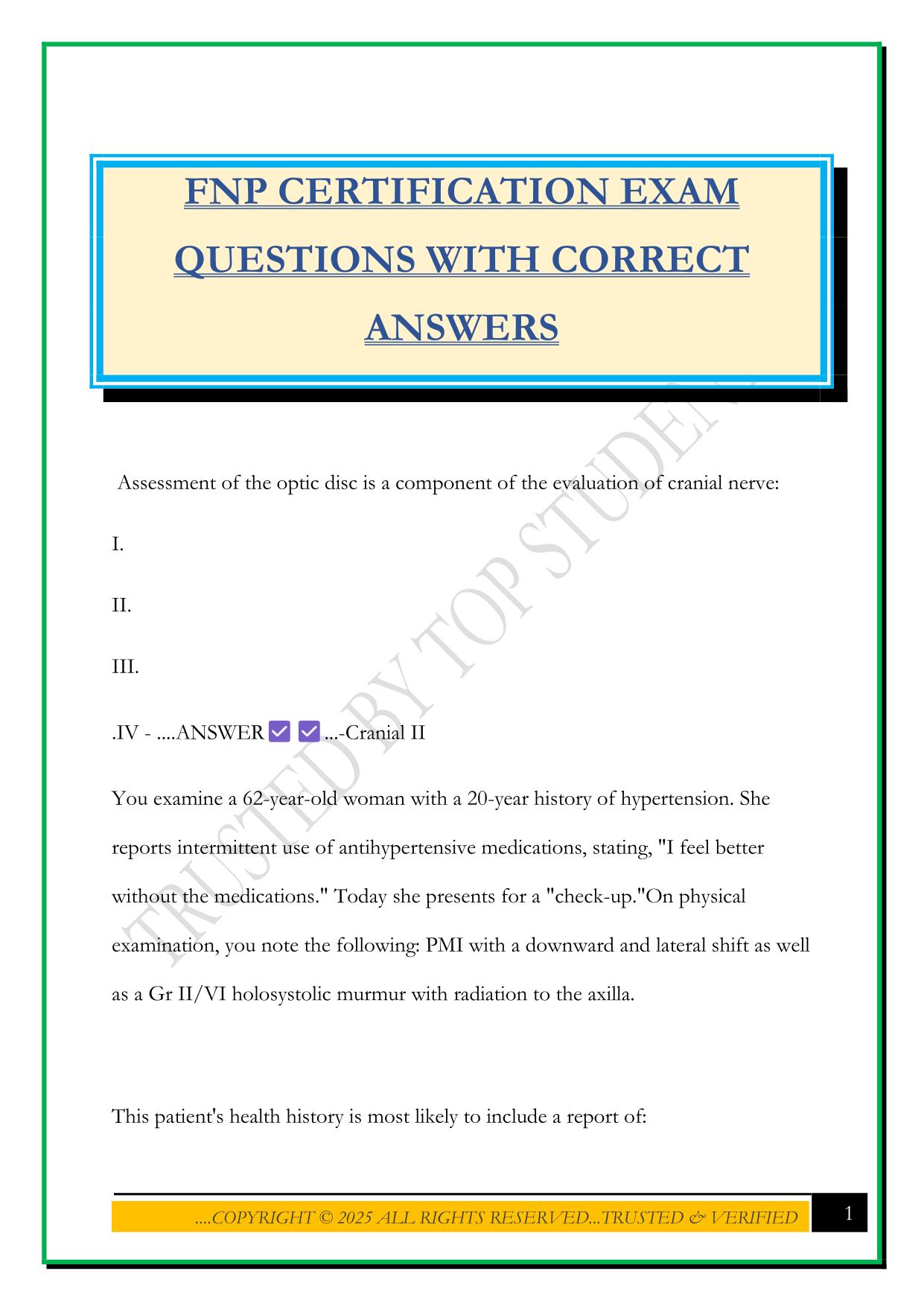 FNP CERTIFICATION EXAM QUESTIONS WITH CORRECT ANSWERS