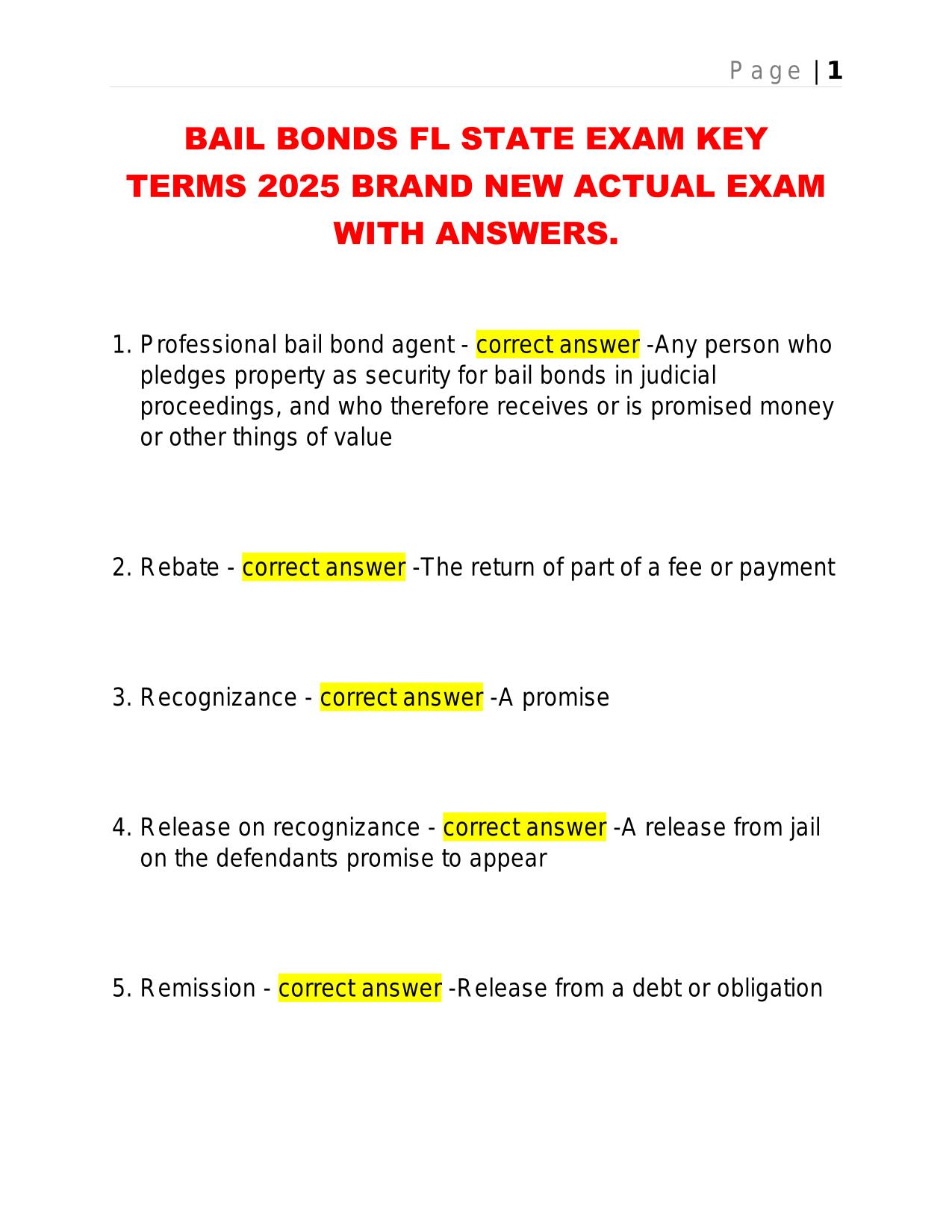 BAIL BONDS FL STATE EXAM KEY TERMS 2025 BRAND NEW ACTUAL EXAM WITH ANSWERS.