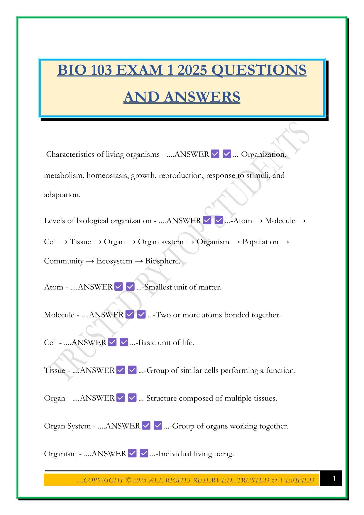 BIO 103 EXAM 1 2025 QUESTIONS AND ANSWERS