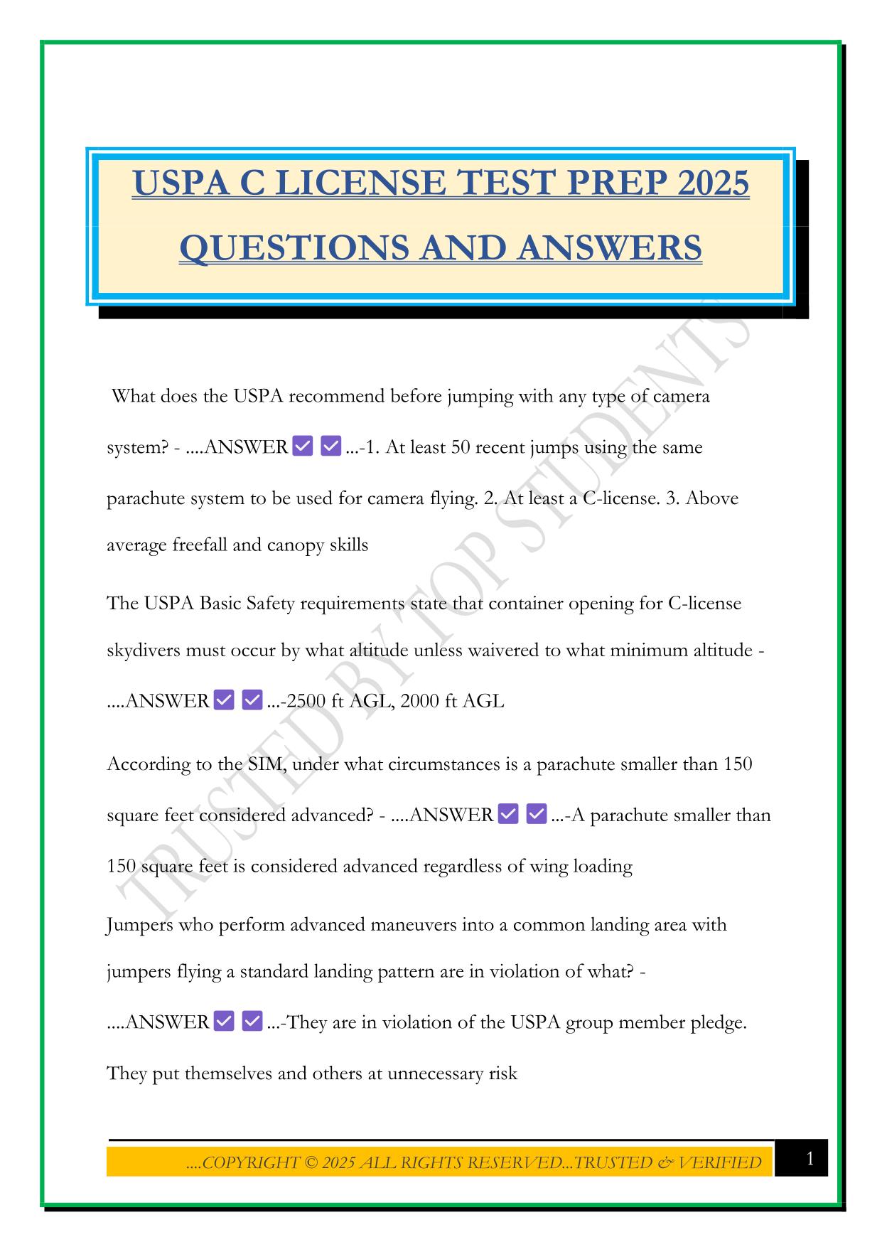 USPA C LICENSE TEST PREP 2025 QUESTIONS AND ANSWERS