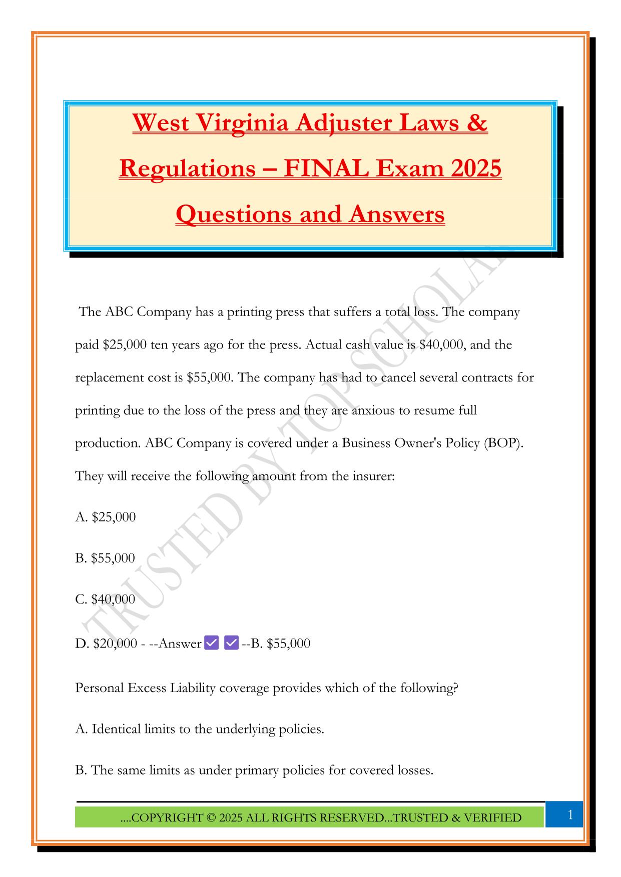 West Virginia Adjuster Laws & Regulations – FINAL Exam 2025 Questions and Answers