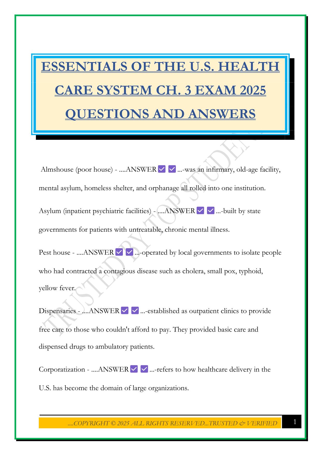 ESSENTIALS OF THE U.S. HEALTH CARE SYSTEM CH. 3 EXAM 2025 QUESTIONS AND ANSWERS