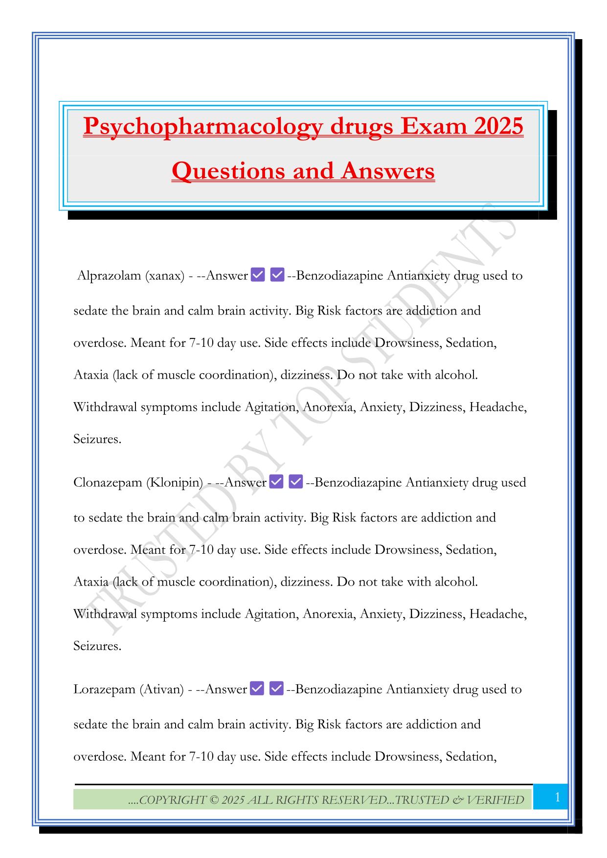 Psychopharmacology drugs Exam 2025 Questions and Answers