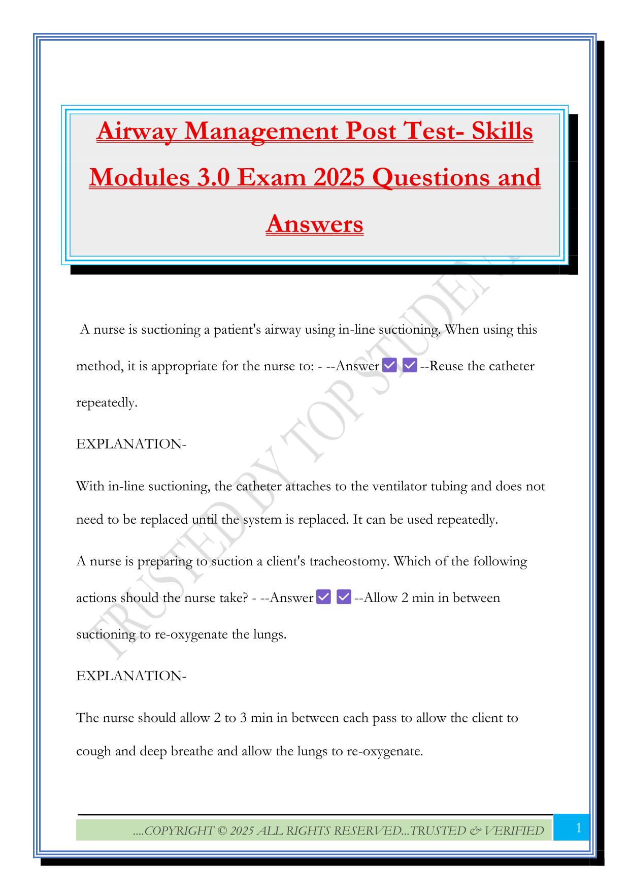 Airway Management Post Test- Skills Modules 3.0 Exam 2025 Questions and Answers