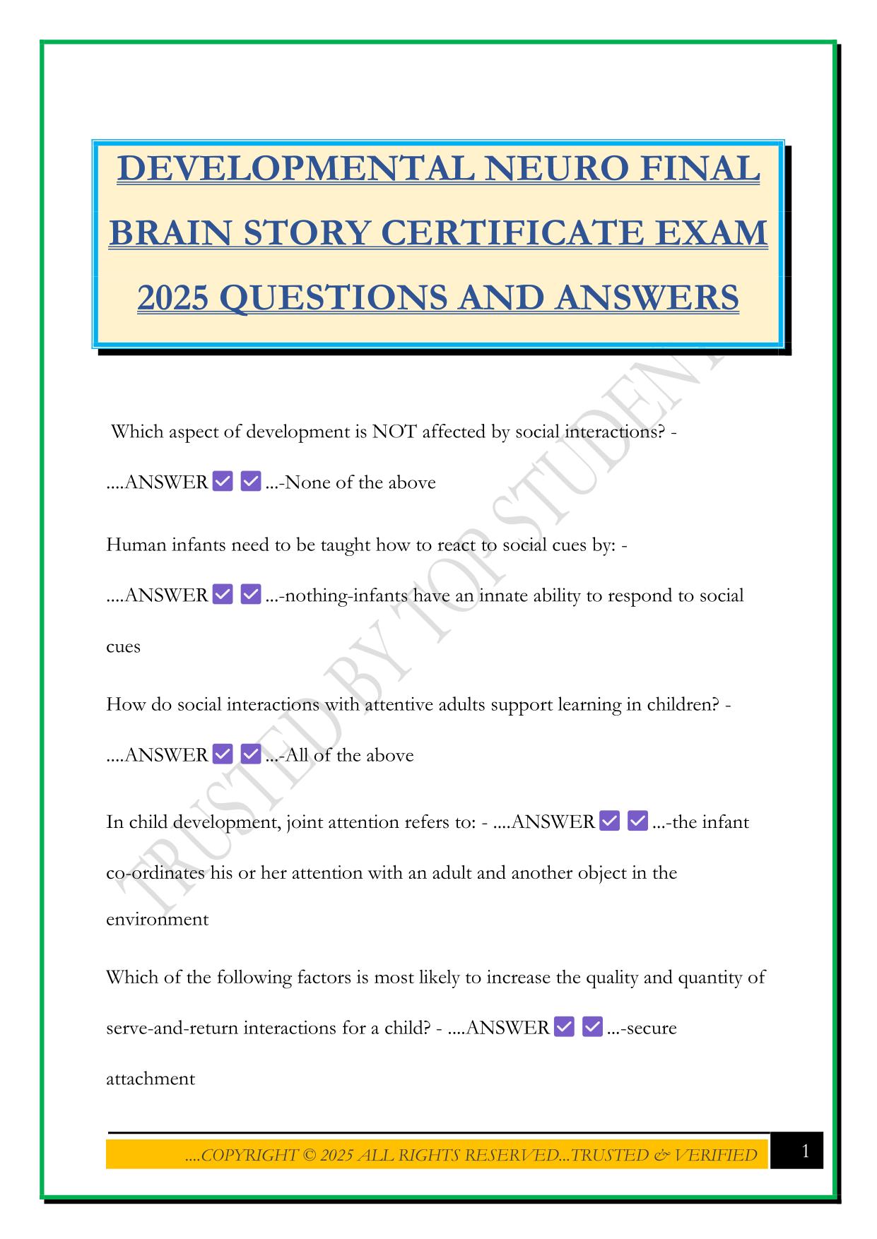 DEVELOPMENTAL NEURO FINAL BRAIN STORY CERTIFICATE EXAM 2025 QUESTIONS AND ANSWERS