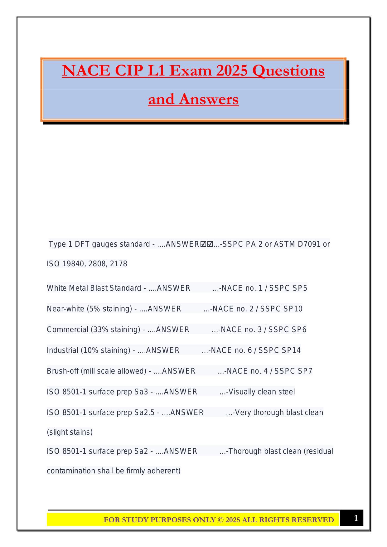 NACE CIP L1 Exam 2025 Questions and Answers