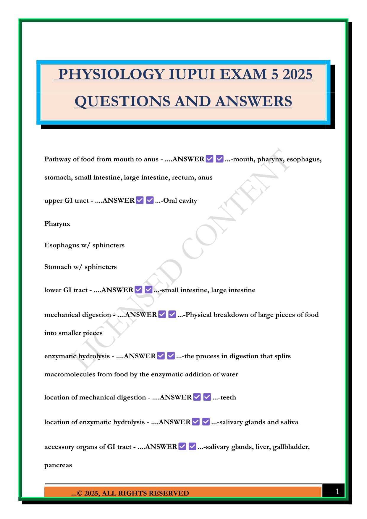 PHYSIOLOGY IUPUI EXAM 5 2025 QUESTIONS AND ANSWERS