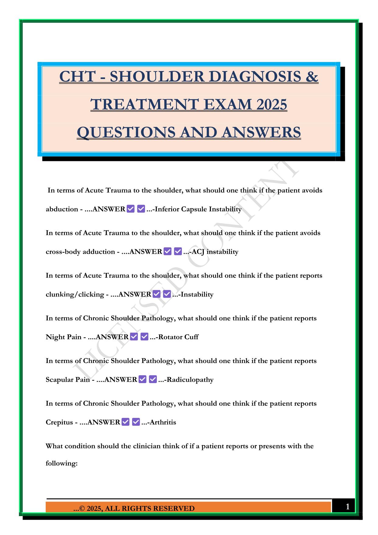 CHT - SHOULDER DIAGNOSIS & TREATMENT EXAM 2025 QUESTIONS AND ANSWERS