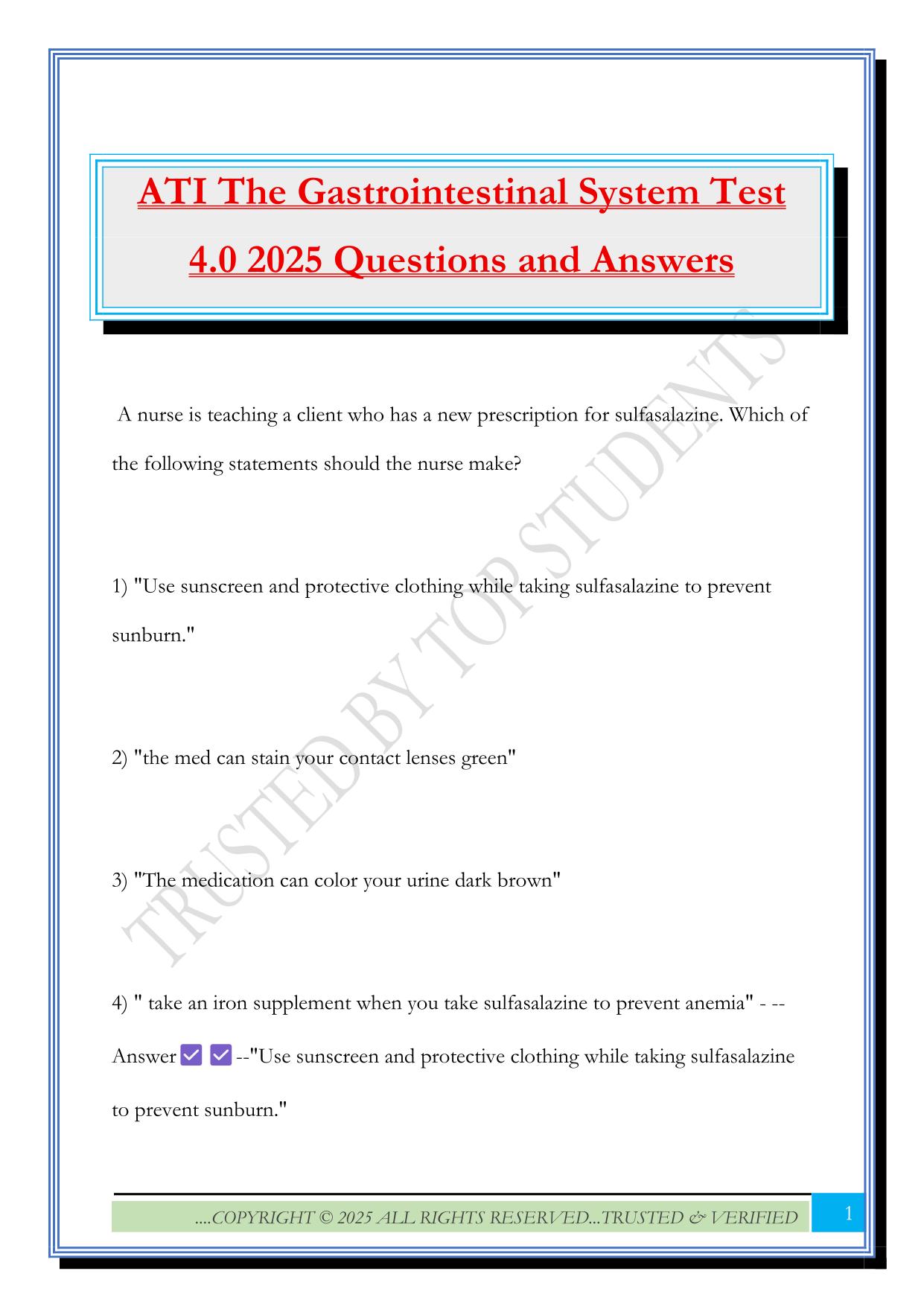 ATI The Gastrointestinal System Test 4.0 2025 Questions and Answers