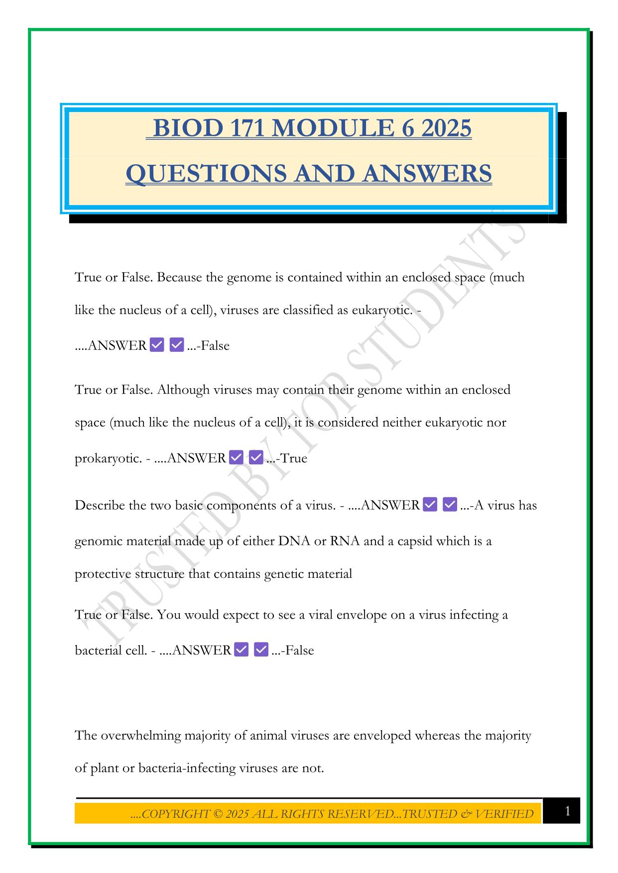 BIOD 171 MODULE 6 2025 QUESTIONS AND ANSWERS